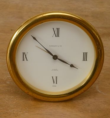 Tiffany & Co Desk Clock. Diameter 5 inches. Appears to be overwound.