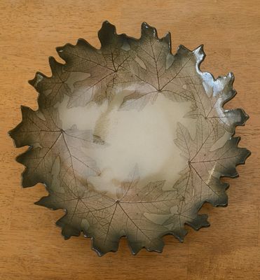 Studio Pottery Bowl With Leaves. Diameter 10.25 inches, very good condition.