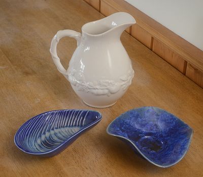 Two Studio Pottery Dishes and a Pitcher. Height of pitcher 9 inches. Good condition.