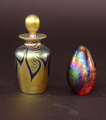 Correia Bud Vase and an Art Glass Paperweight. Height of vase 3 inches.
