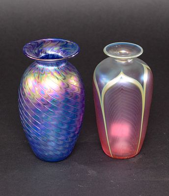 Two Art Glass Vases. One signed Abelman, height 6 inches, the other signed illegibly. Good 
