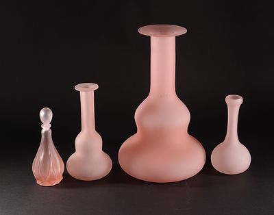 Four Pink Frosted Glass Pieces. Height of tallest 14.5 inches. Good condition.