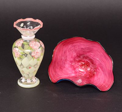 Hand Painted Glass Vase and a Bowl. Height of vase 6.5 inches. Good condition.