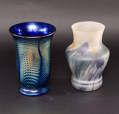 Two Art Glass Vases. One pulled feather, height 8.75 inches. The other with label for Rueven.