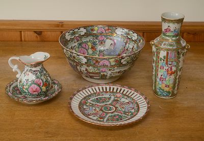 Group of 20th Century Chinese Rose Medallion Wares. Bowl, diameter 12 inches, plate, low bowl 