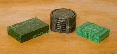 Two Malachite Boxes and Six Stone Coasters. Boxes 1.5 x 4.5 x 3.5 and 1.5 x 6 x 4 inches. One 