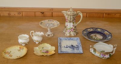 Group of Assorted Ceramics. Nippon coffee pot, height 9 inches, Delft dish, and others.