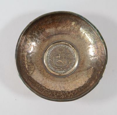 Hammered Silver Bowl With Peruvian 1 Sol Coin. Diameter 4.25 inches.