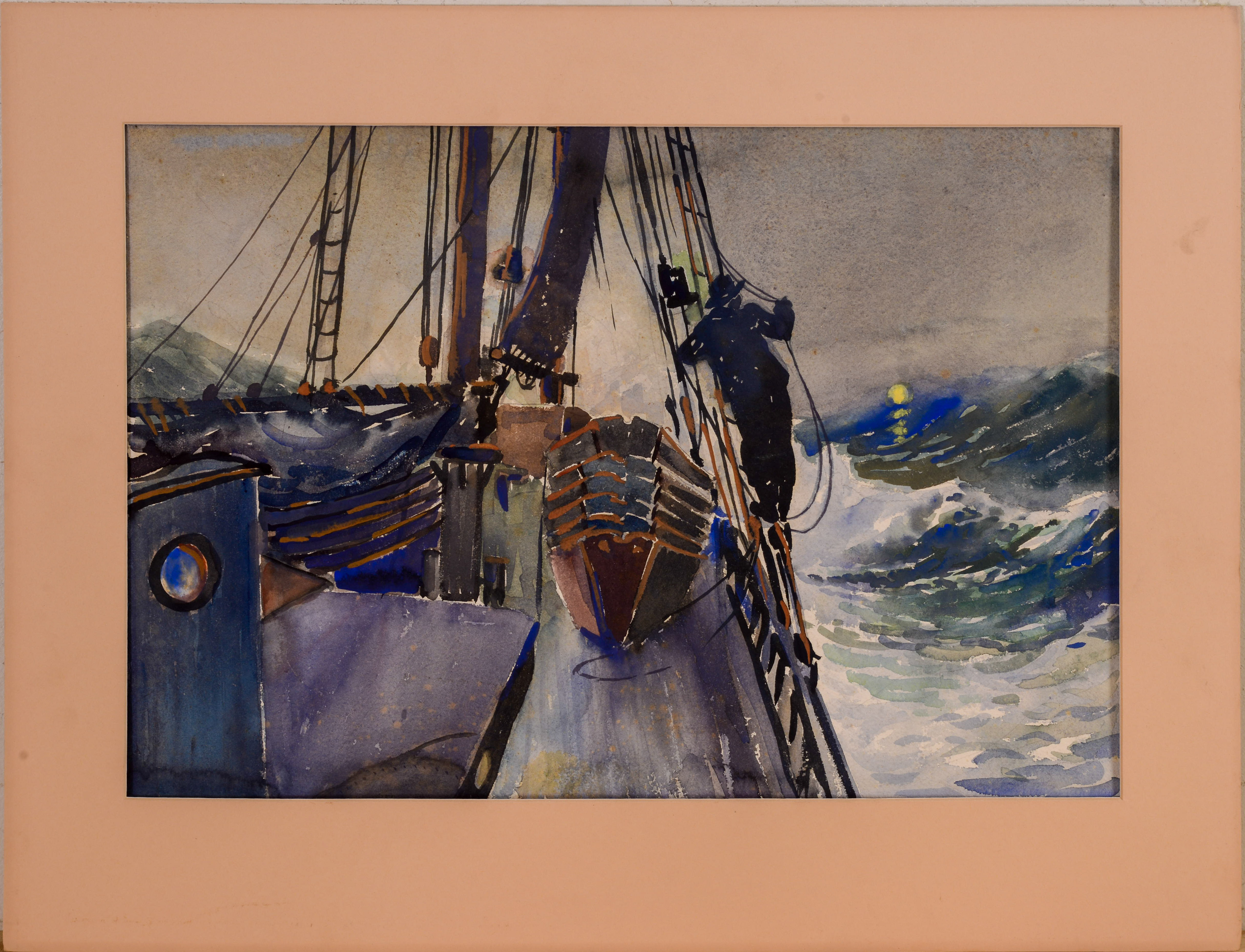 WATERCOLOR OF A FISHING BOAT IN A STORM.