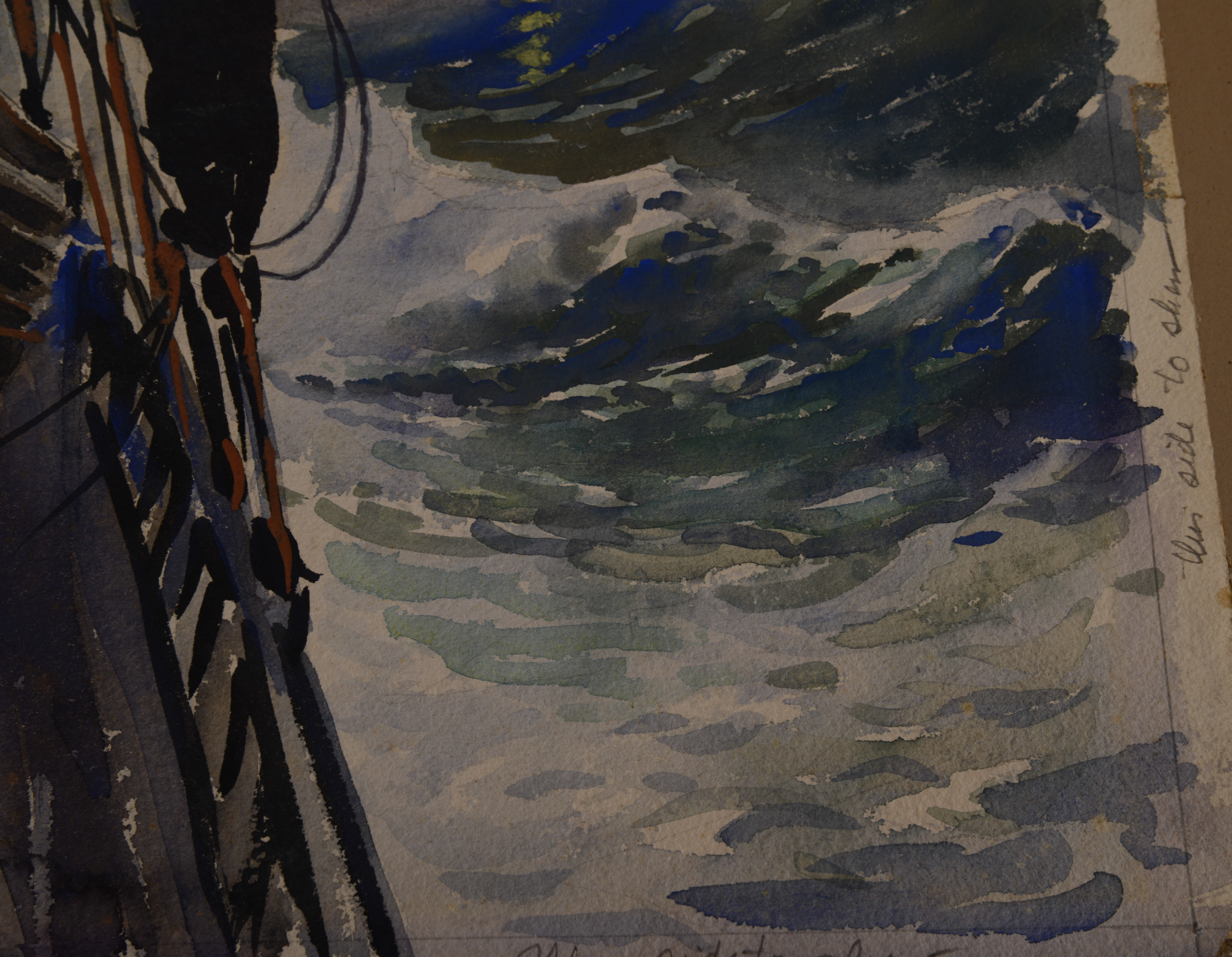 WATERCOLOR OF A FISHING BOAT IN A STORM.
