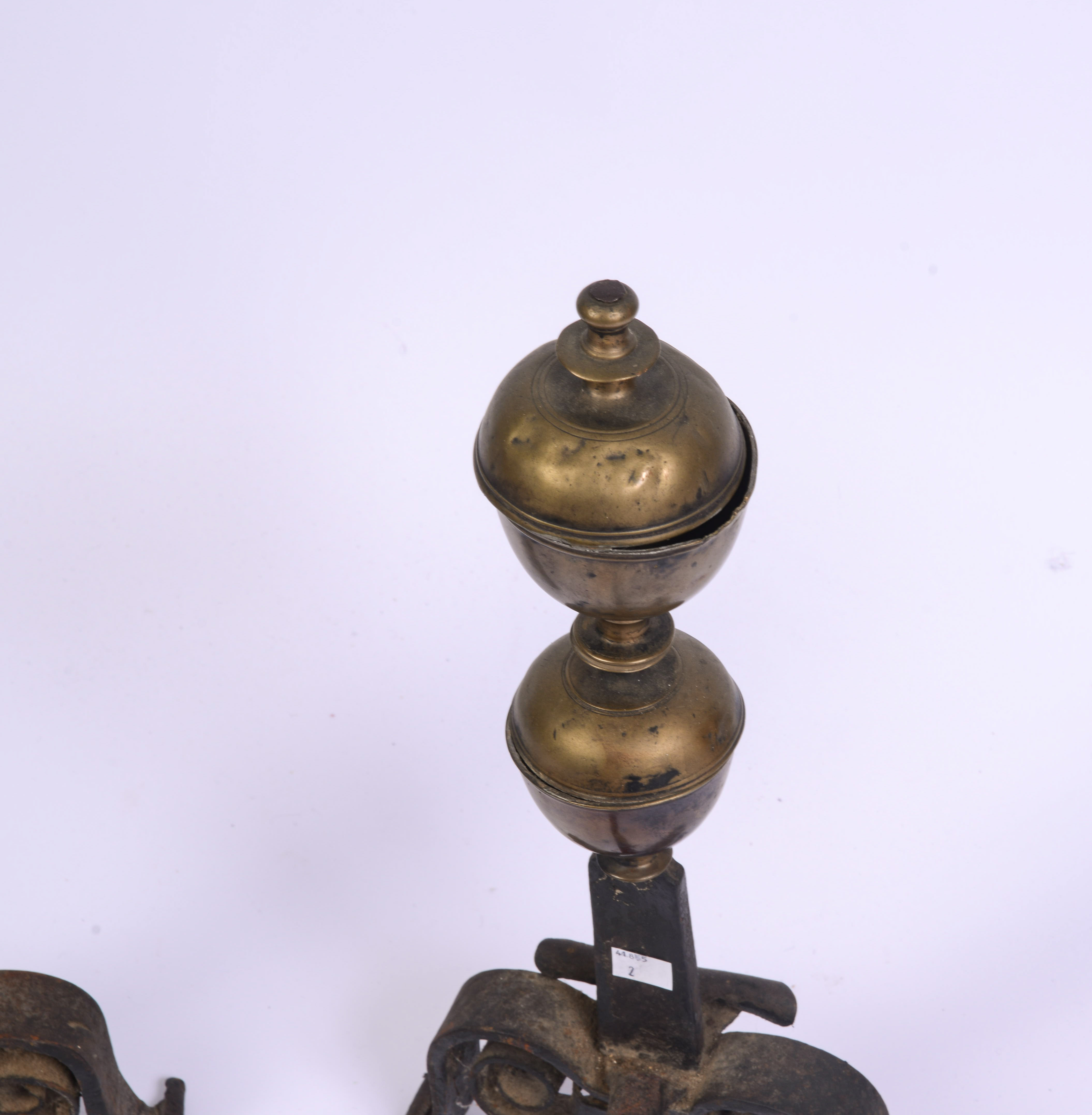 PAIR OF 18TH CENTURY BRASS AND WROUGHT IRON ANDIRONS.