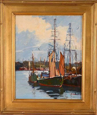 PAUL BEADEN HUDDER (1897-1991). GLOUCESTER DOCKS. Oil on board, 20 x 16 inches, signed lower 
