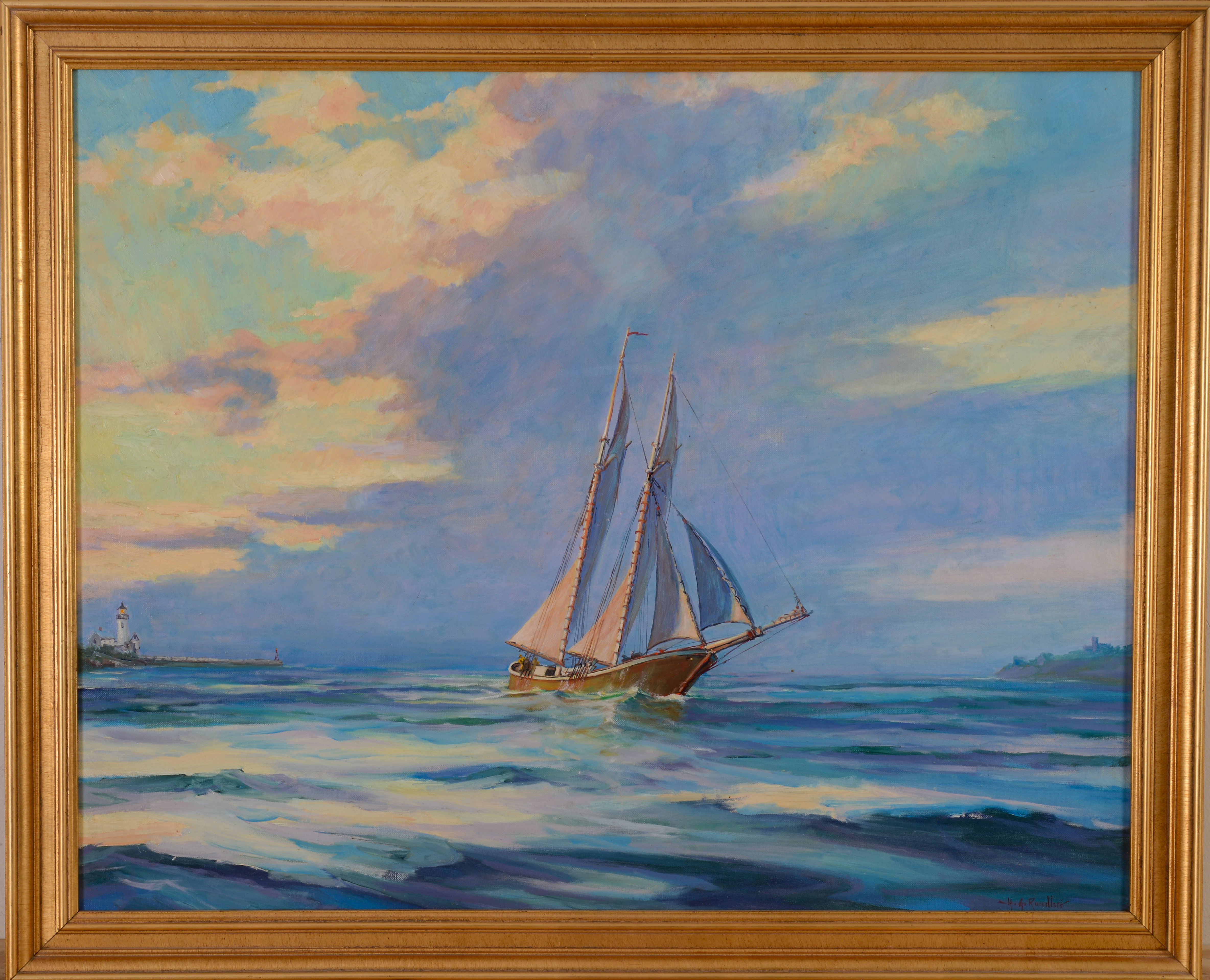 HAROLD G. RUNDLETT. TWO MASTED SCHOONER WITH ANNISQUAM LIGHTHOUSE.