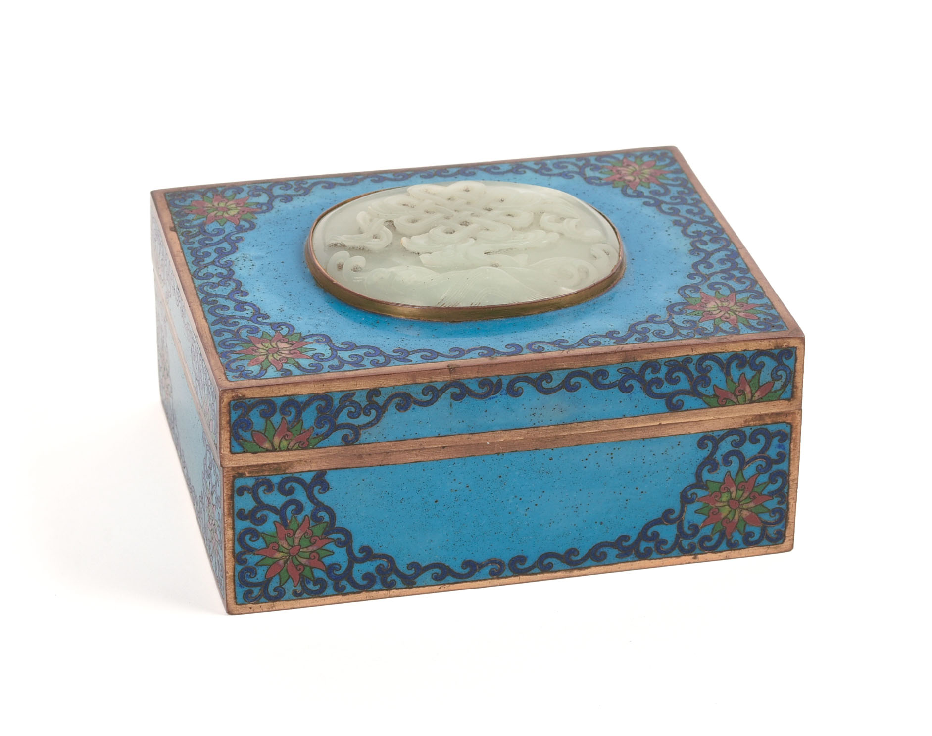 CHINESE CLOISONNE BOX WITH JADE INSERT.