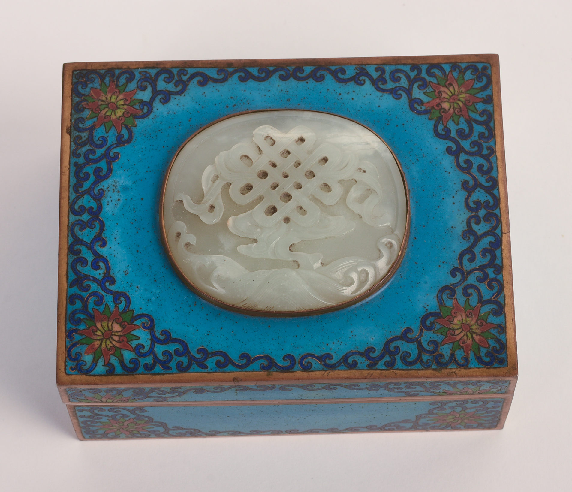CHINESE CLOISONNE BOX WITH JADE INSERT.