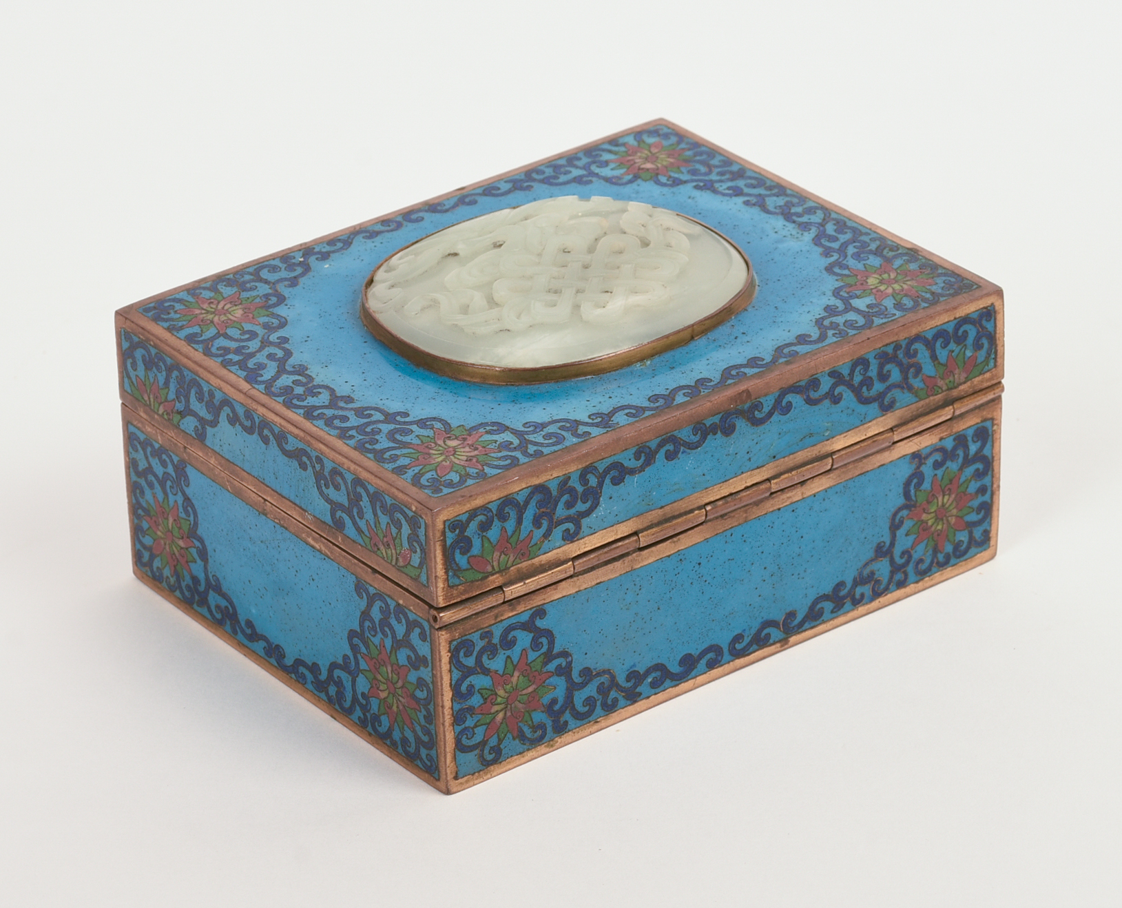 CHINESE CLOISONNE BOX WITH JADE INSERT.