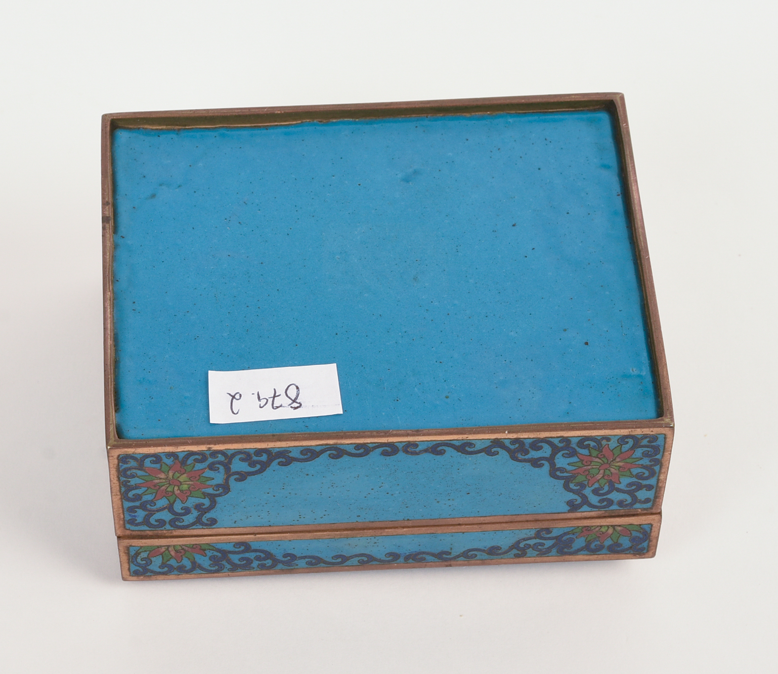 CHINESE CLOISONNE BOX WITH JADE INSERT.