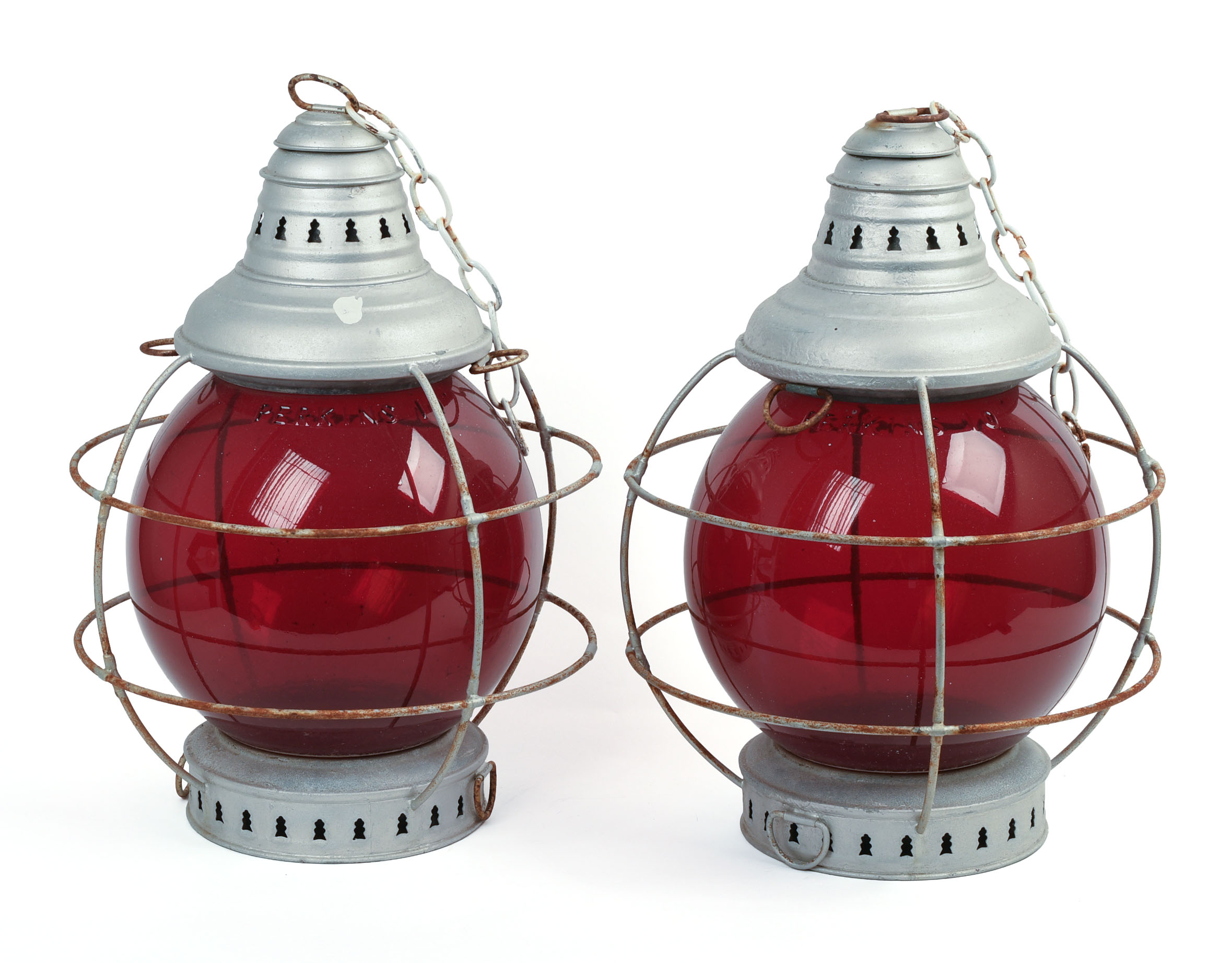 PAIR OF PERKIN'S RED DISTRESS LANTERNS.