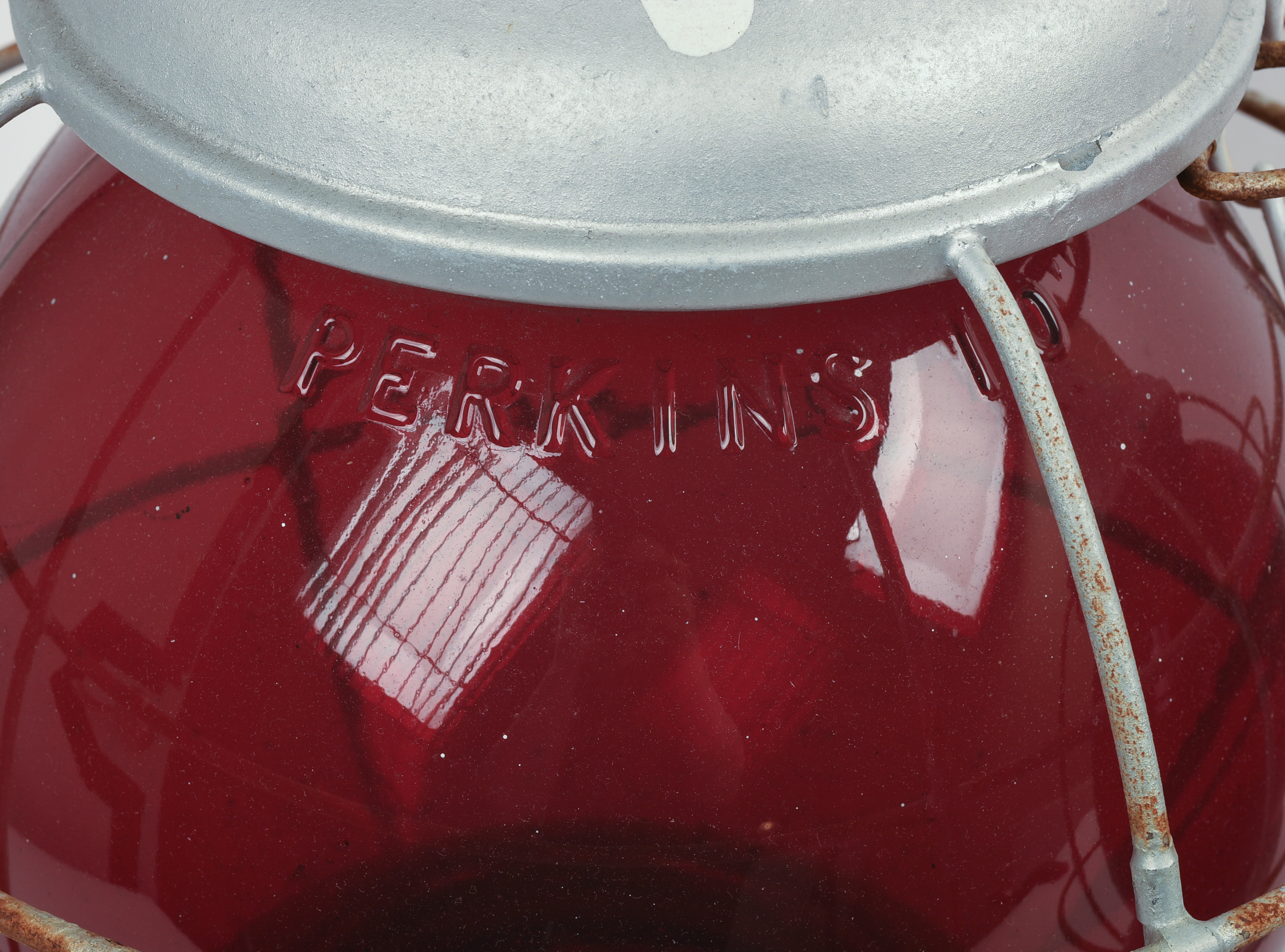 PAIR OF PERKIN'S RED DISTRESS LANTERNS.