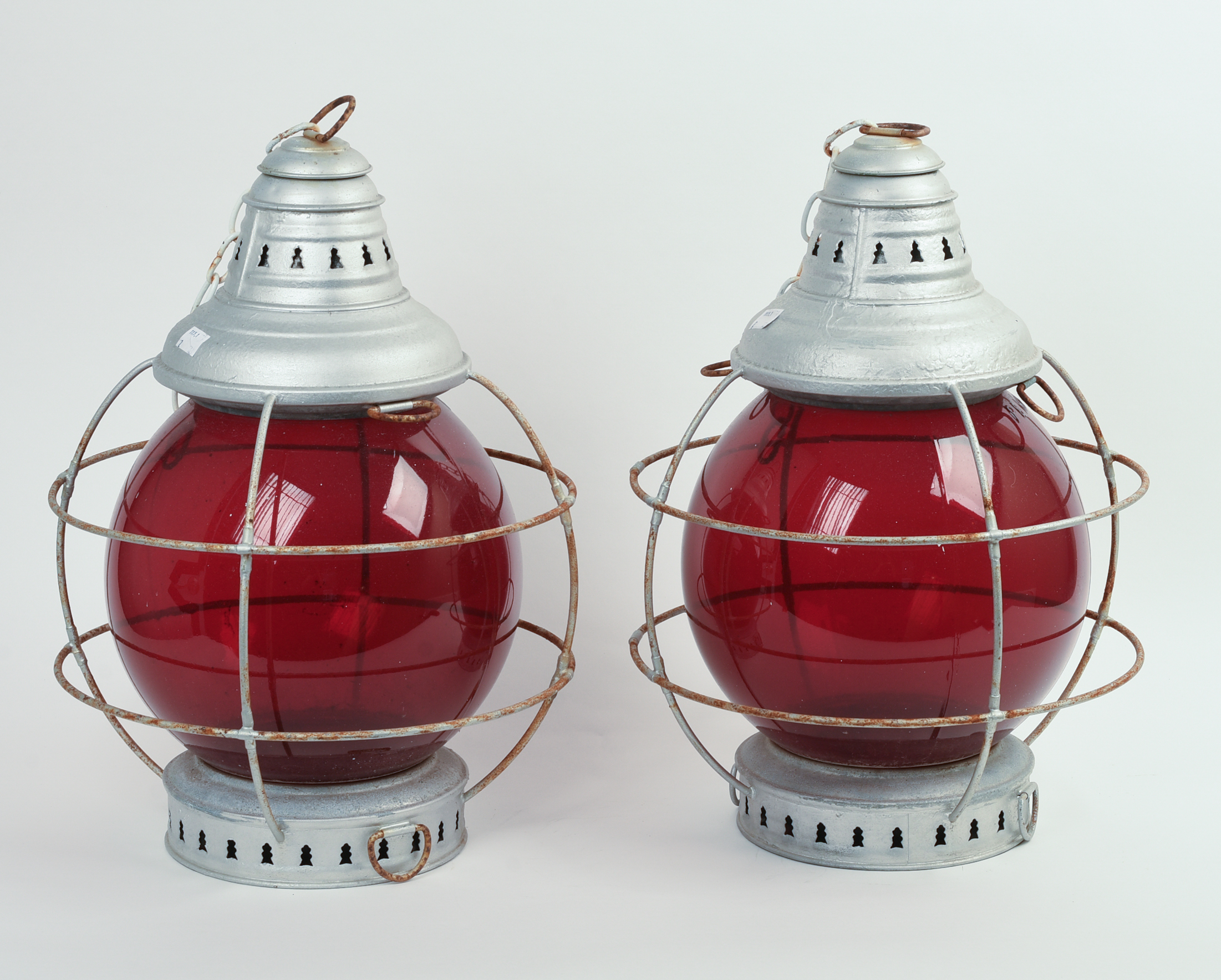 PAIR OF PERKIN'S RED DISTRESS LANTERNS.