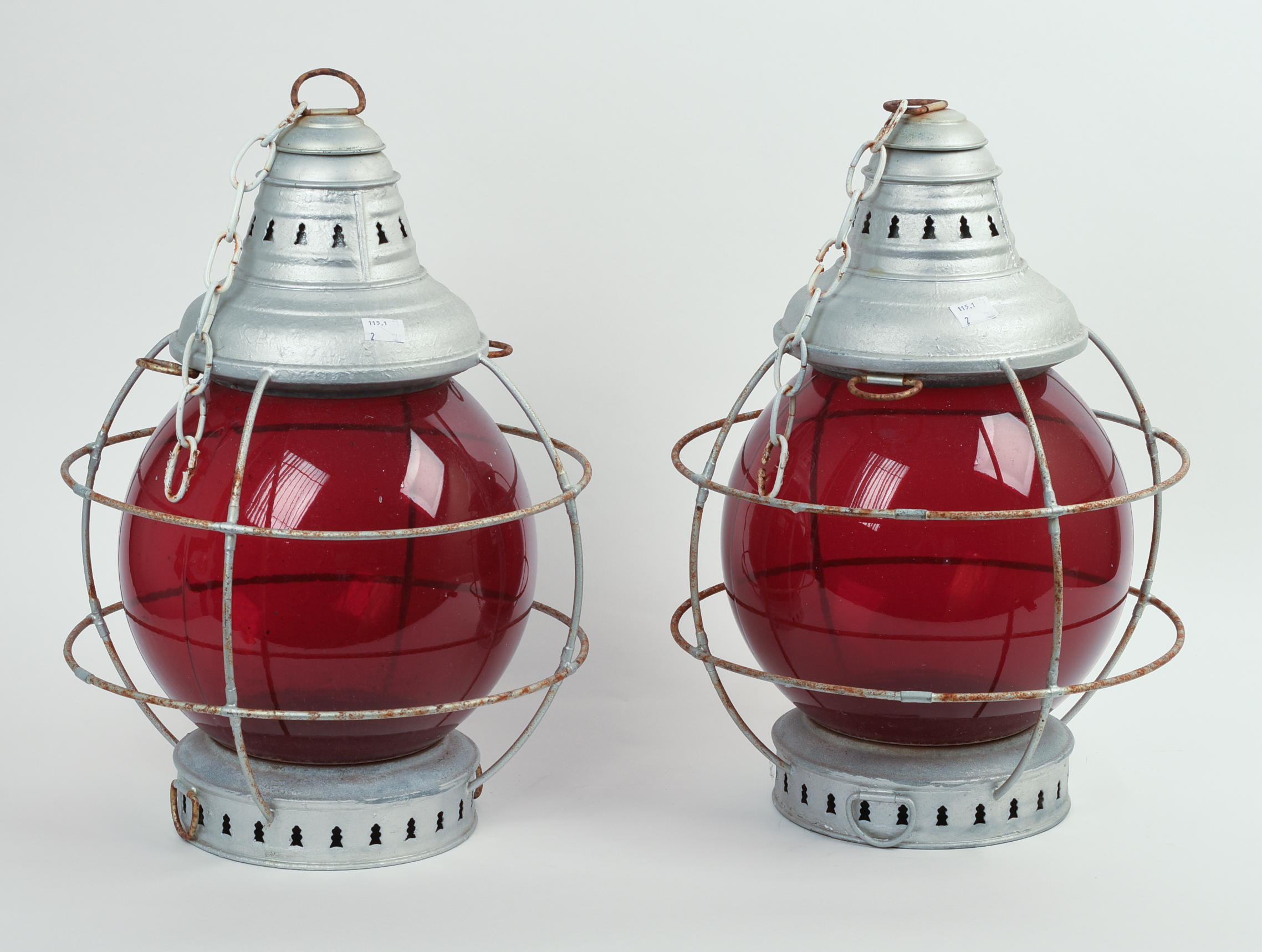 PAIR OF PERKIN'S RED DISTRESS LANTERNS.