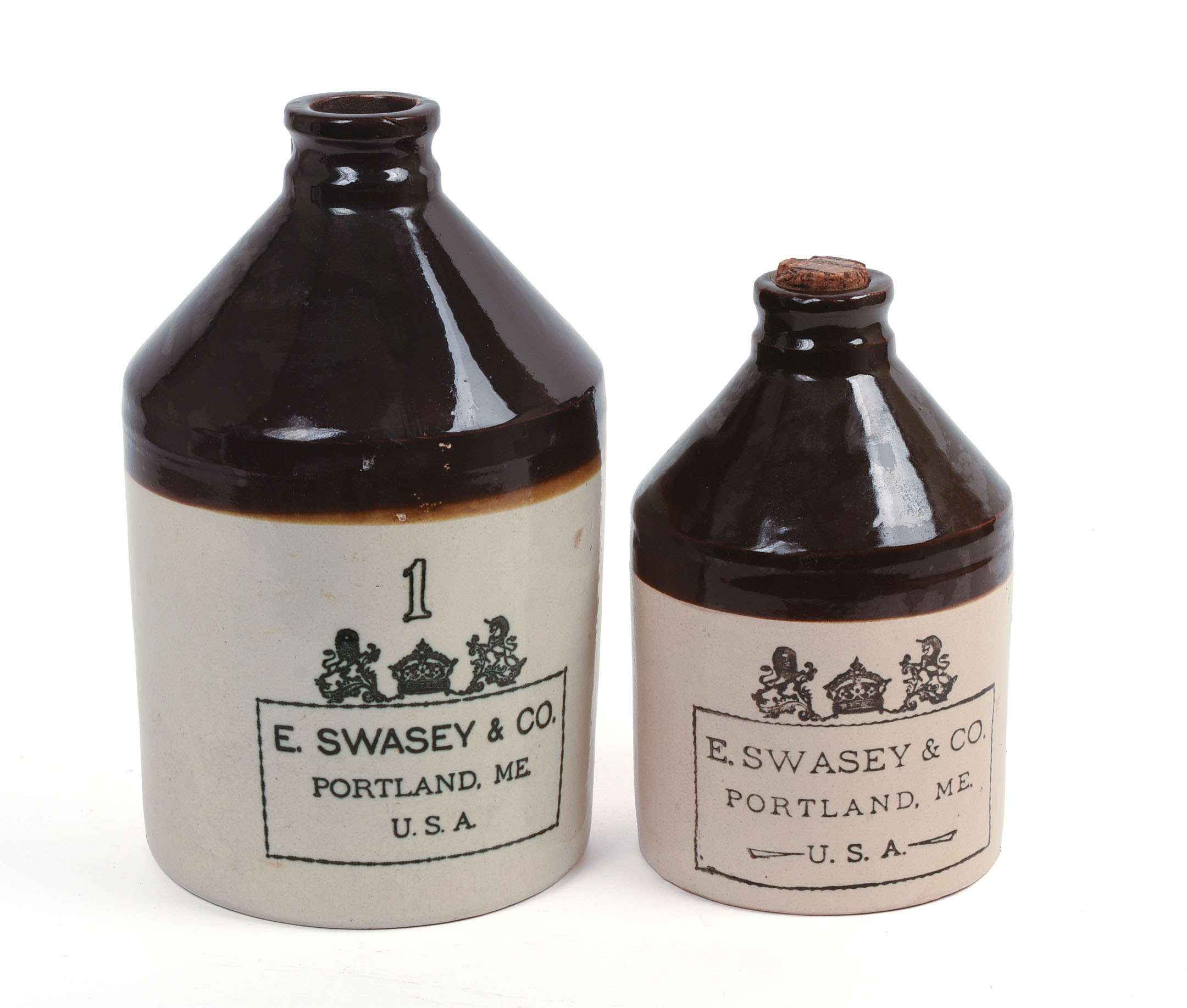 TWO E. SWASEY & CO. STONEWARE CROCKS.