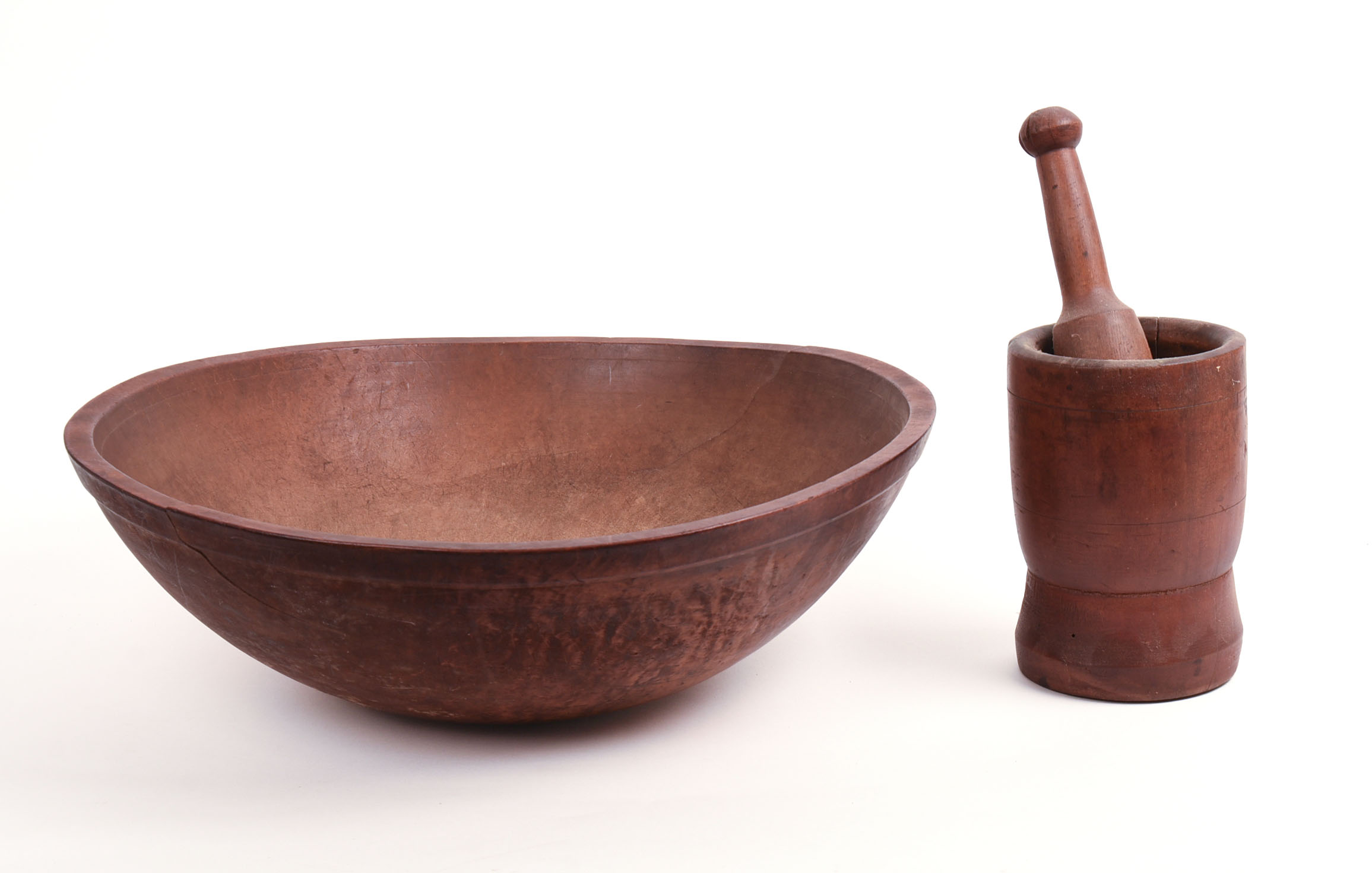 ANTIQUE MORTAR & PESTLE AND A BURLWOOD BOWL.