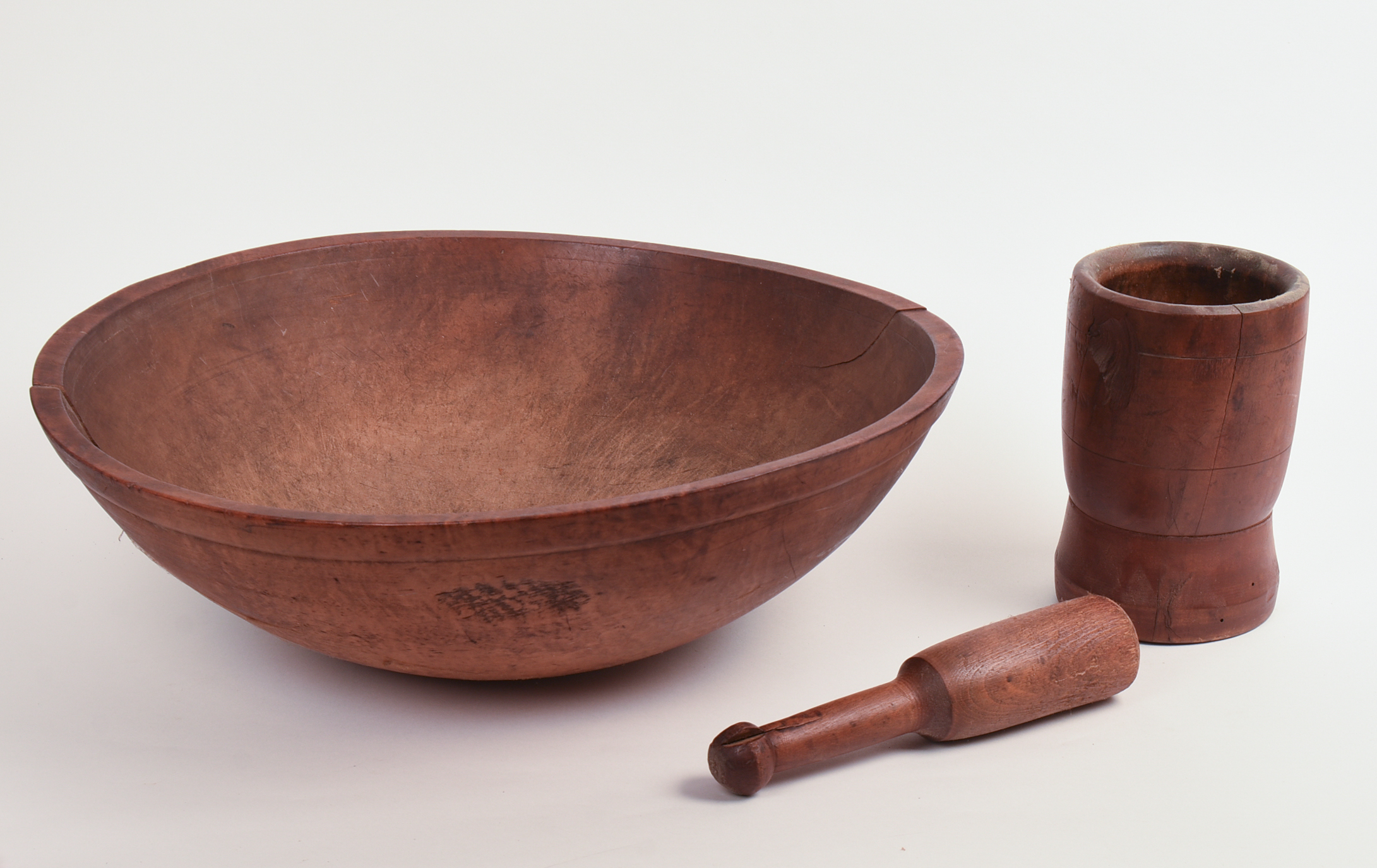 ANTIQUE MORTAR & PESTLE AND A BURLWOOD BOWL.