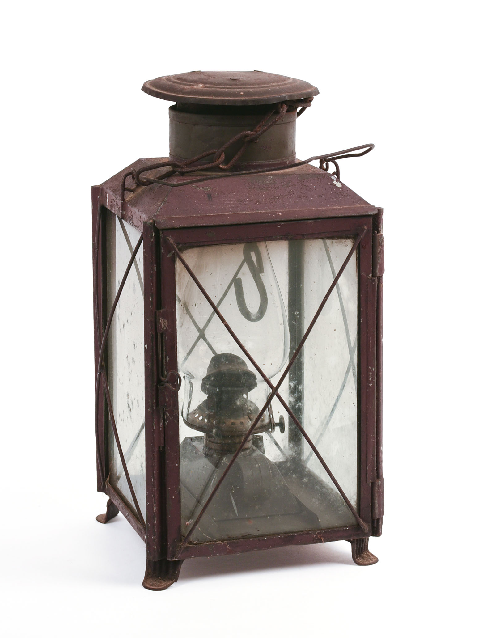 TIN LANTERN IN RED PAINT.