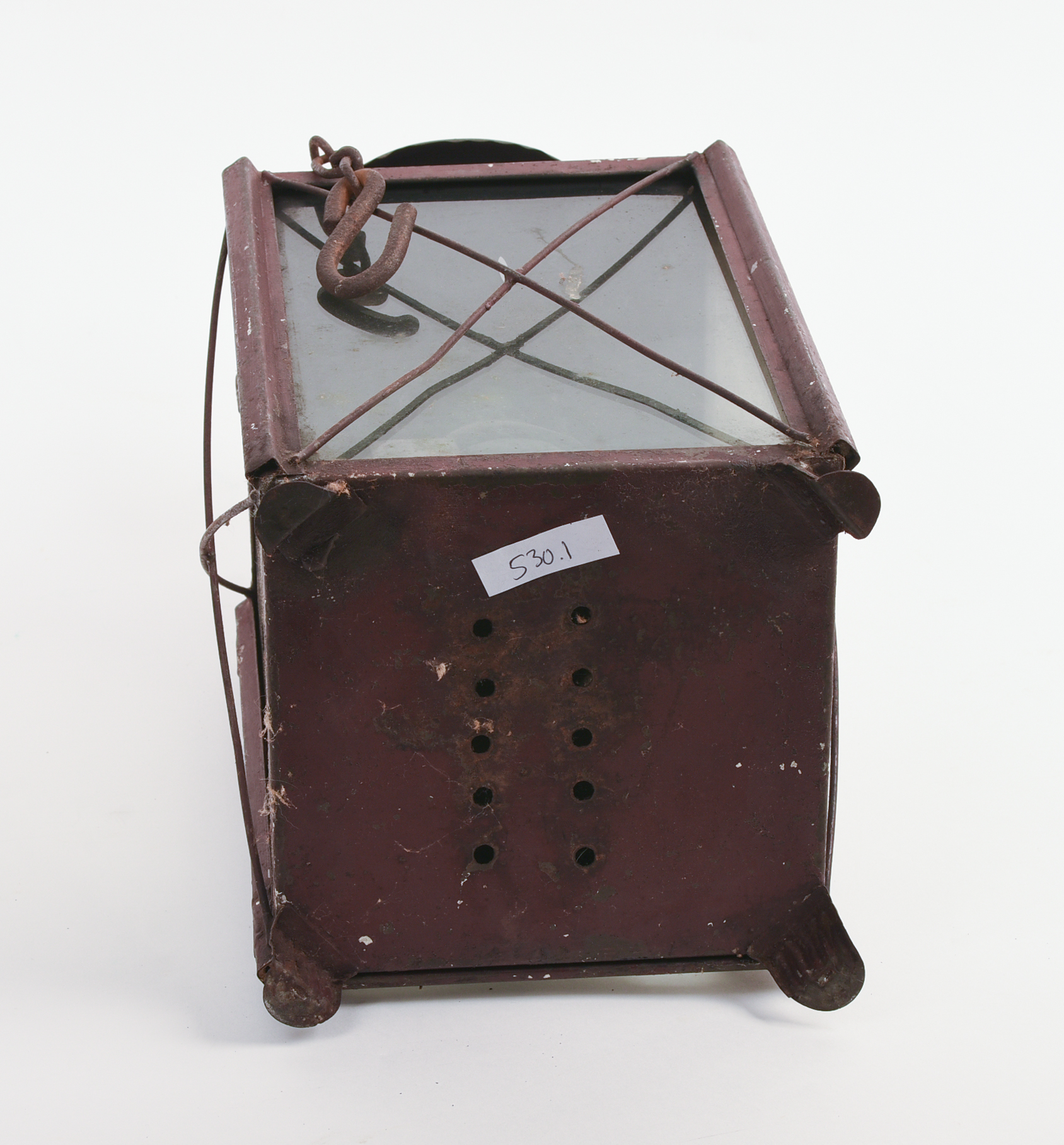 TIN LANTERN IN RED PAINT.