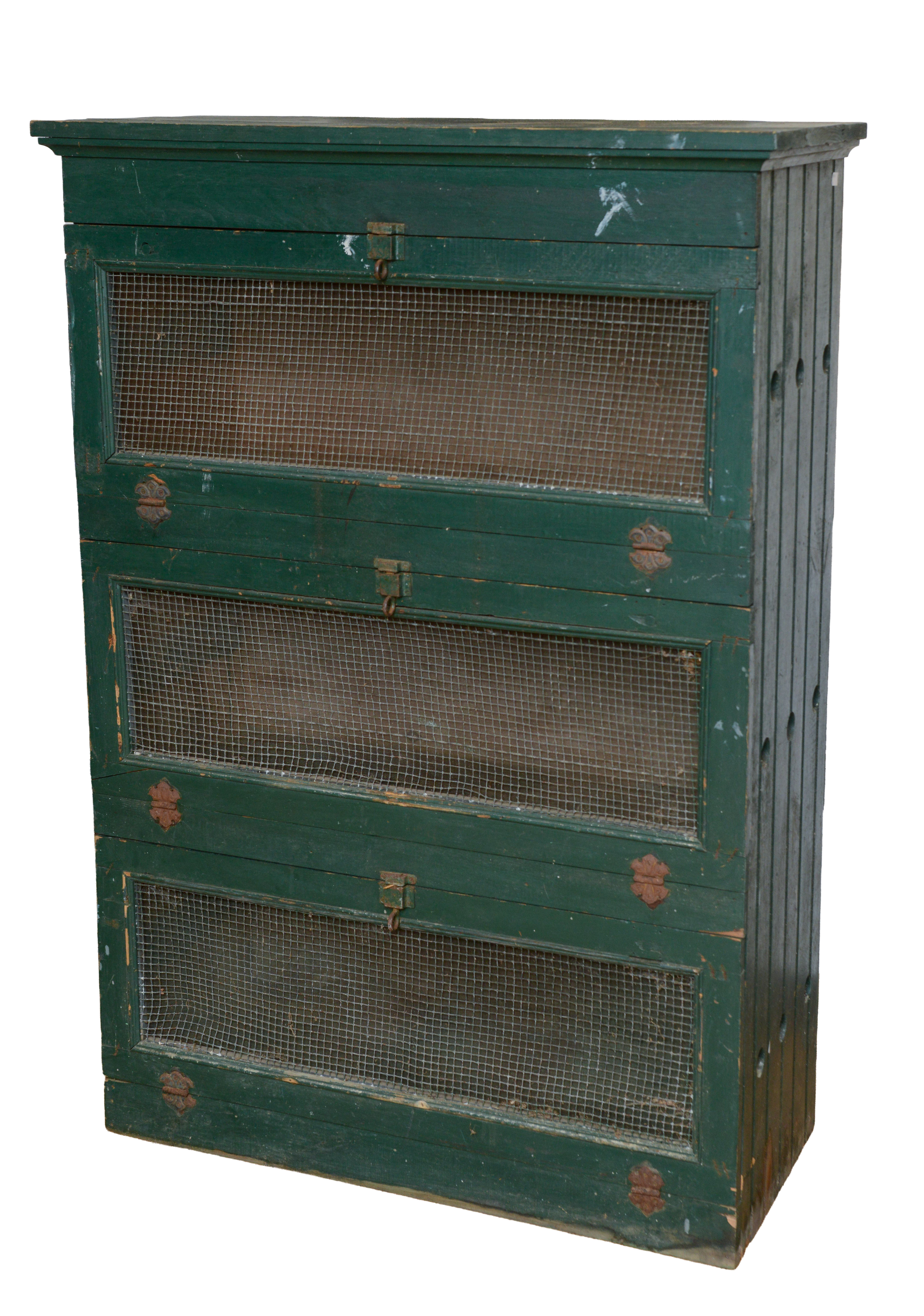 VINTAGE PIE SAFE IN GREEN PAINT.