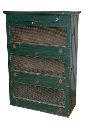 VINTAGE PIE SAFE IN GREEN PAINT. Height 55 inches, width 38 inches, depth 16 inches. Two hinges 