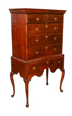 NEW ENGLAND QUEEN ANNE HIGHBOY. Height 66 inches, width 34 inches, depth 18.5 inches. Maple 