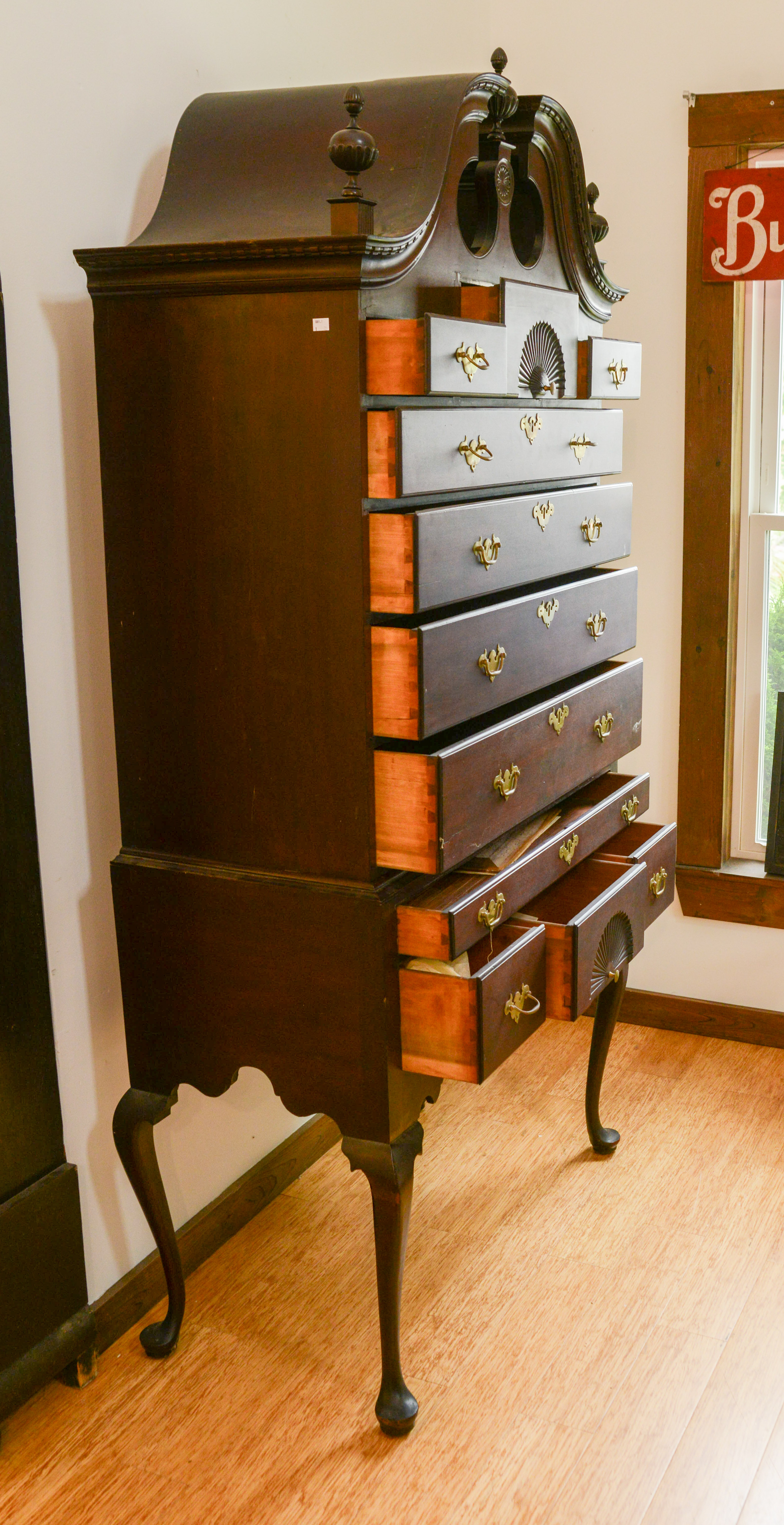 QUEEN ANNE STYLE BONNET TOP HIGHBOY.
