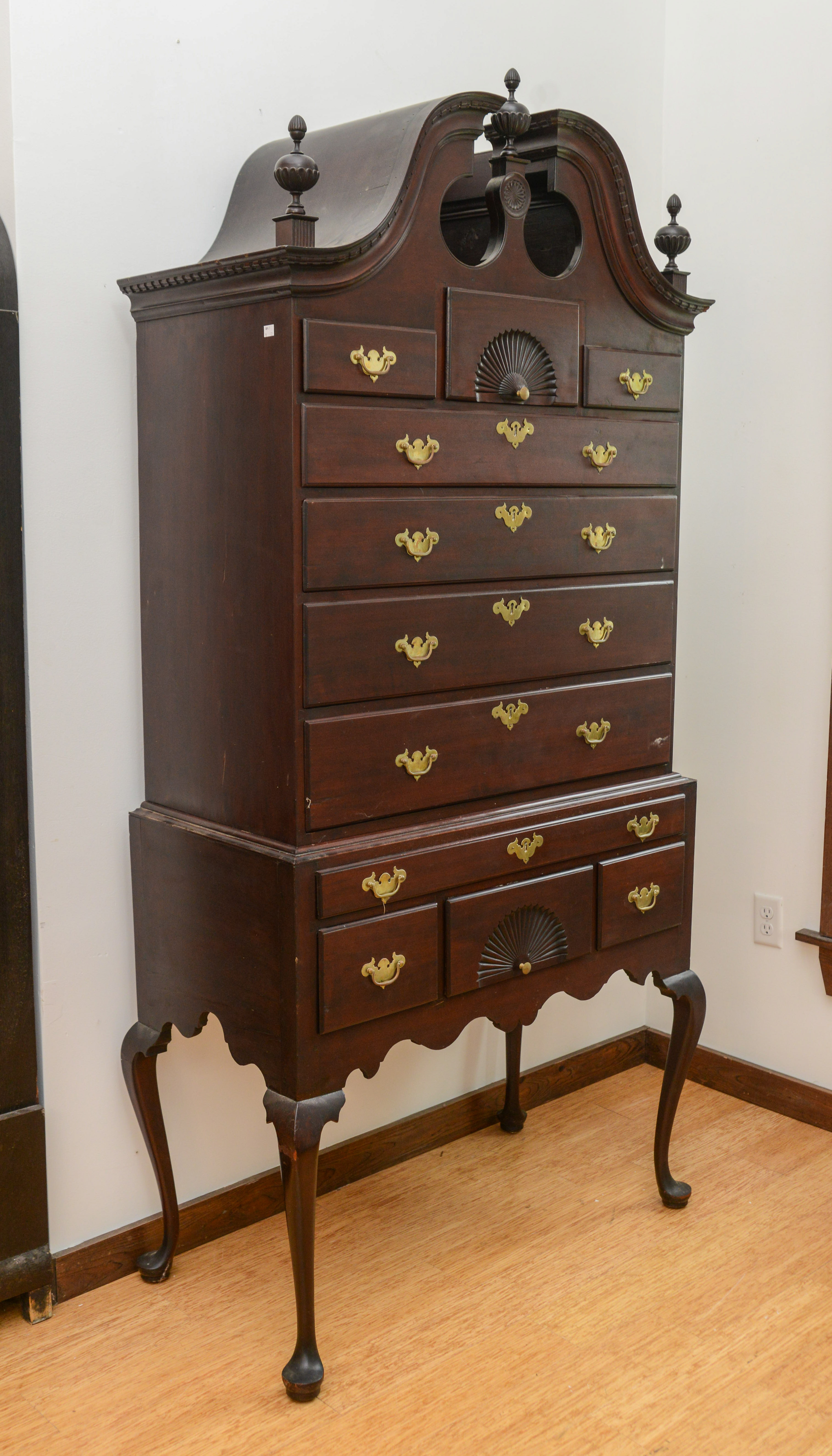 QUEEN ANNE STYLE BONNET TOP HIGHBOY.