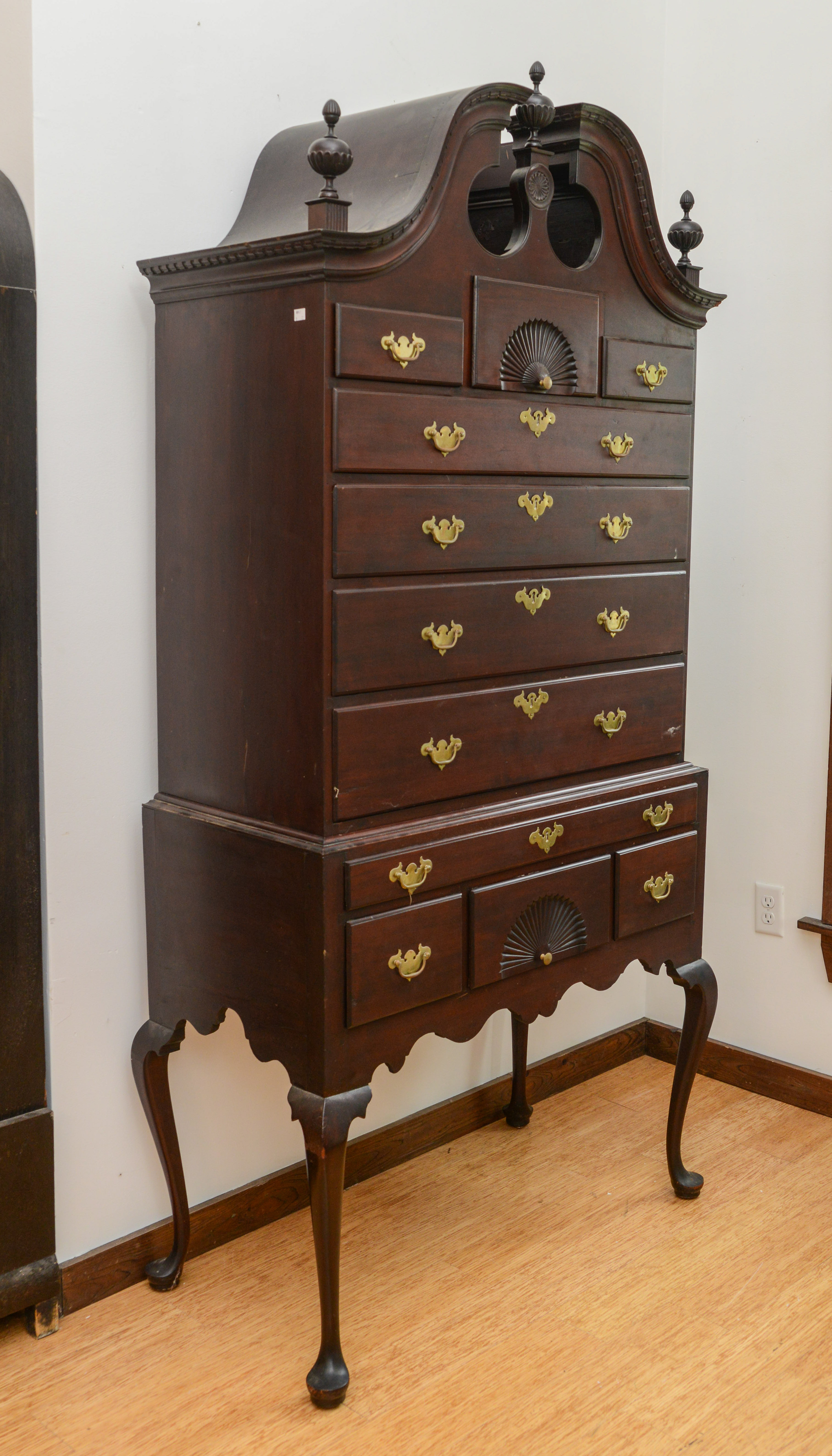 QUEEN ANNE STYLE BONNET TOP HIGHBOY.