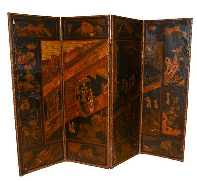 ANTIQUE CHINESE PAINTED SCREEN. Each panel 73 x 24 inches, overall 6 feet 1 inch x 8 feet. A 