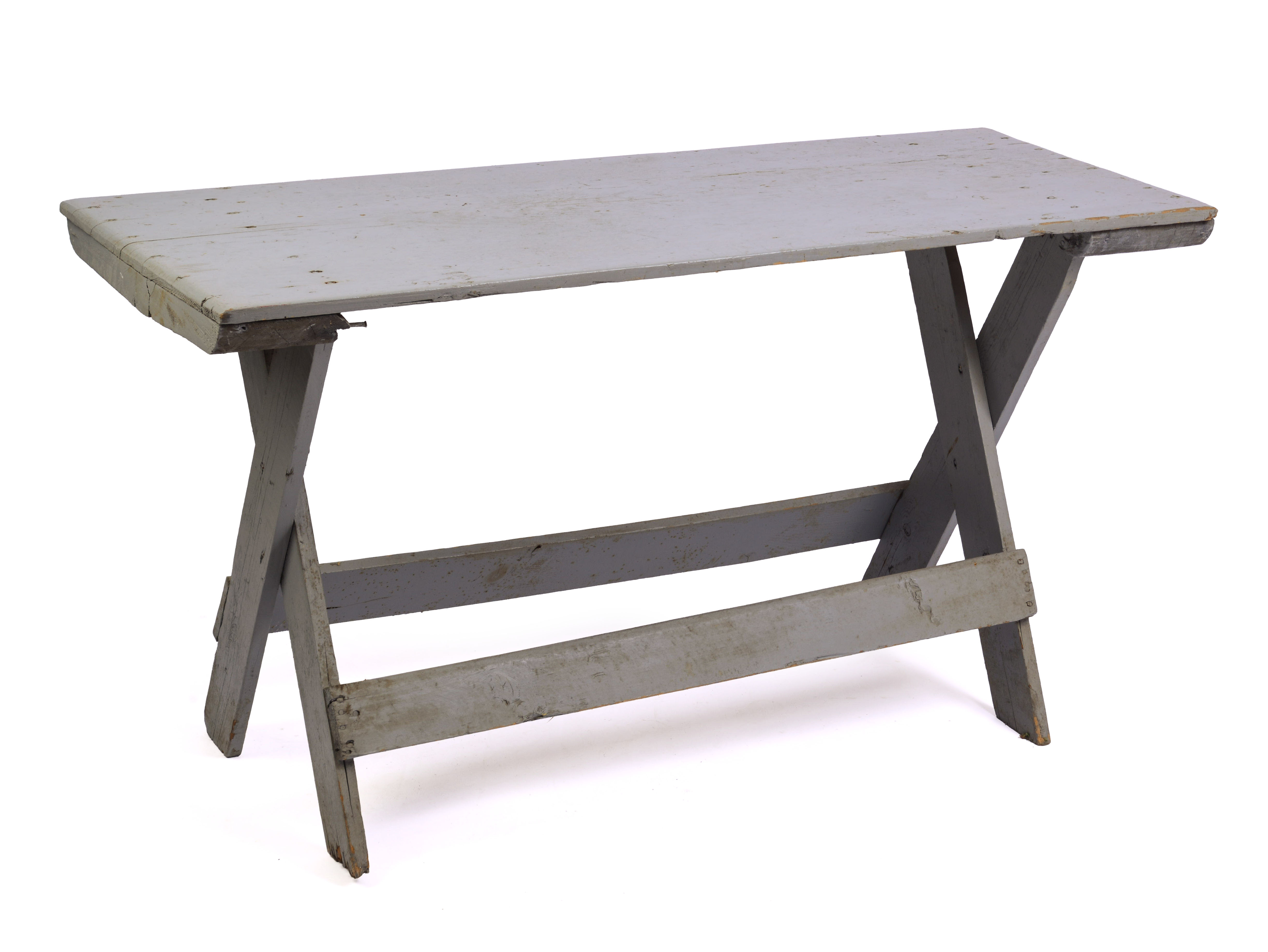 PINE TRESTLE TABLE IN BLUE PAINT.