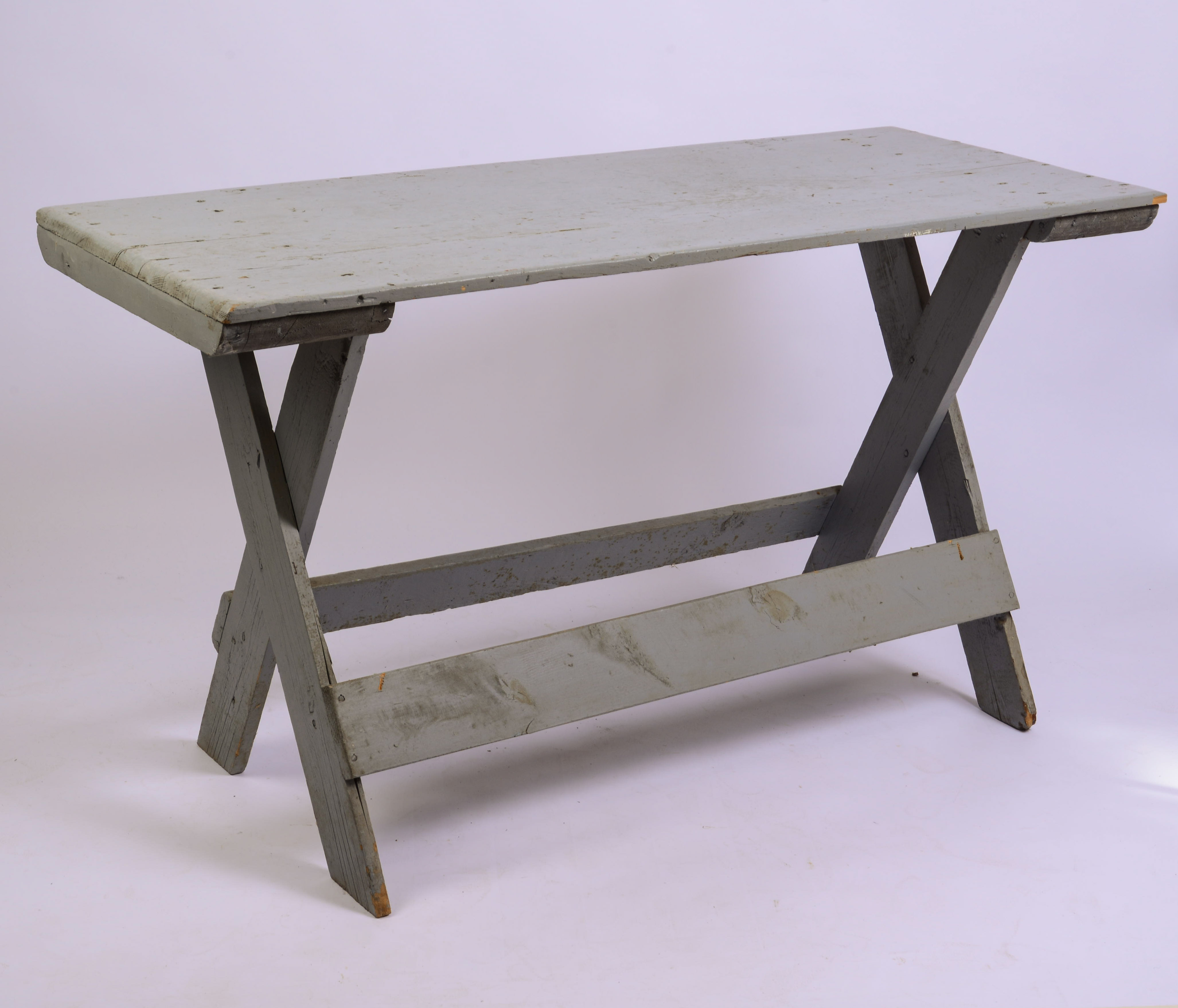 PINE TRESTLE TABLE IN BLUE PAINT.