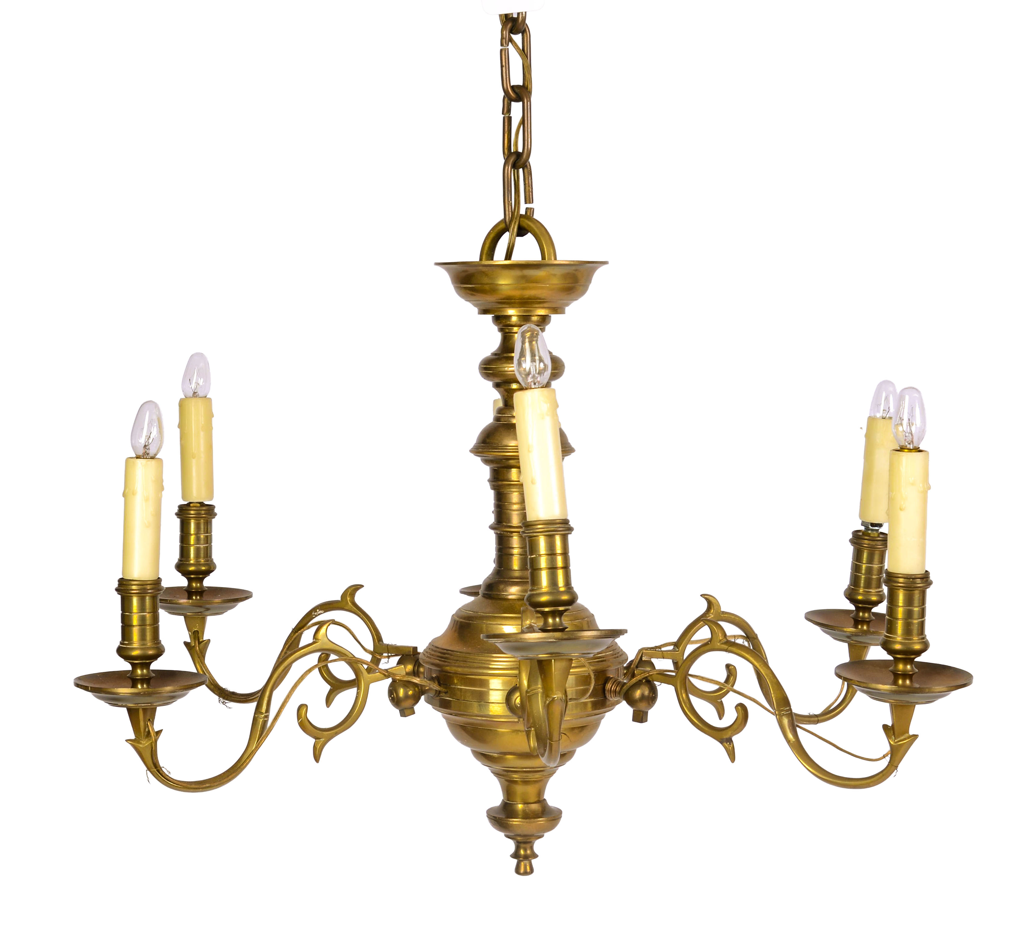 18TH CENTURY DUTCH BRASS SIX LIGHT CHANDELIER.