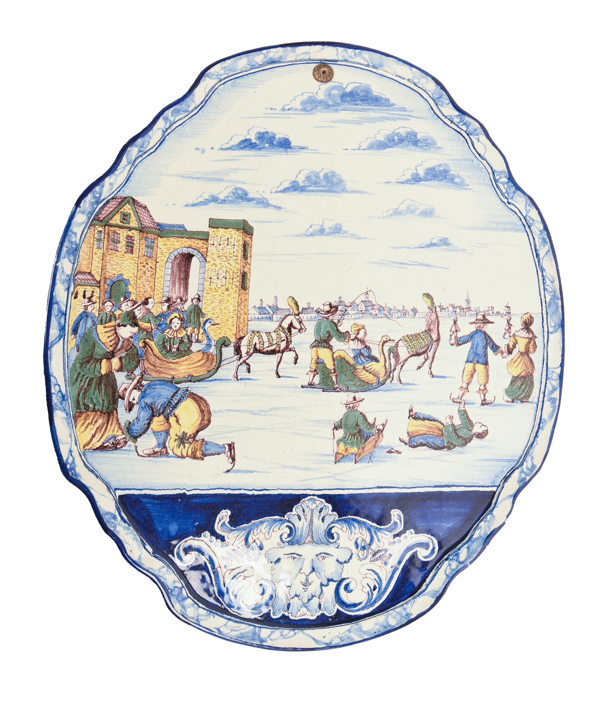 LARGE DELFT PLAQUE WITH SKATING SCENE.