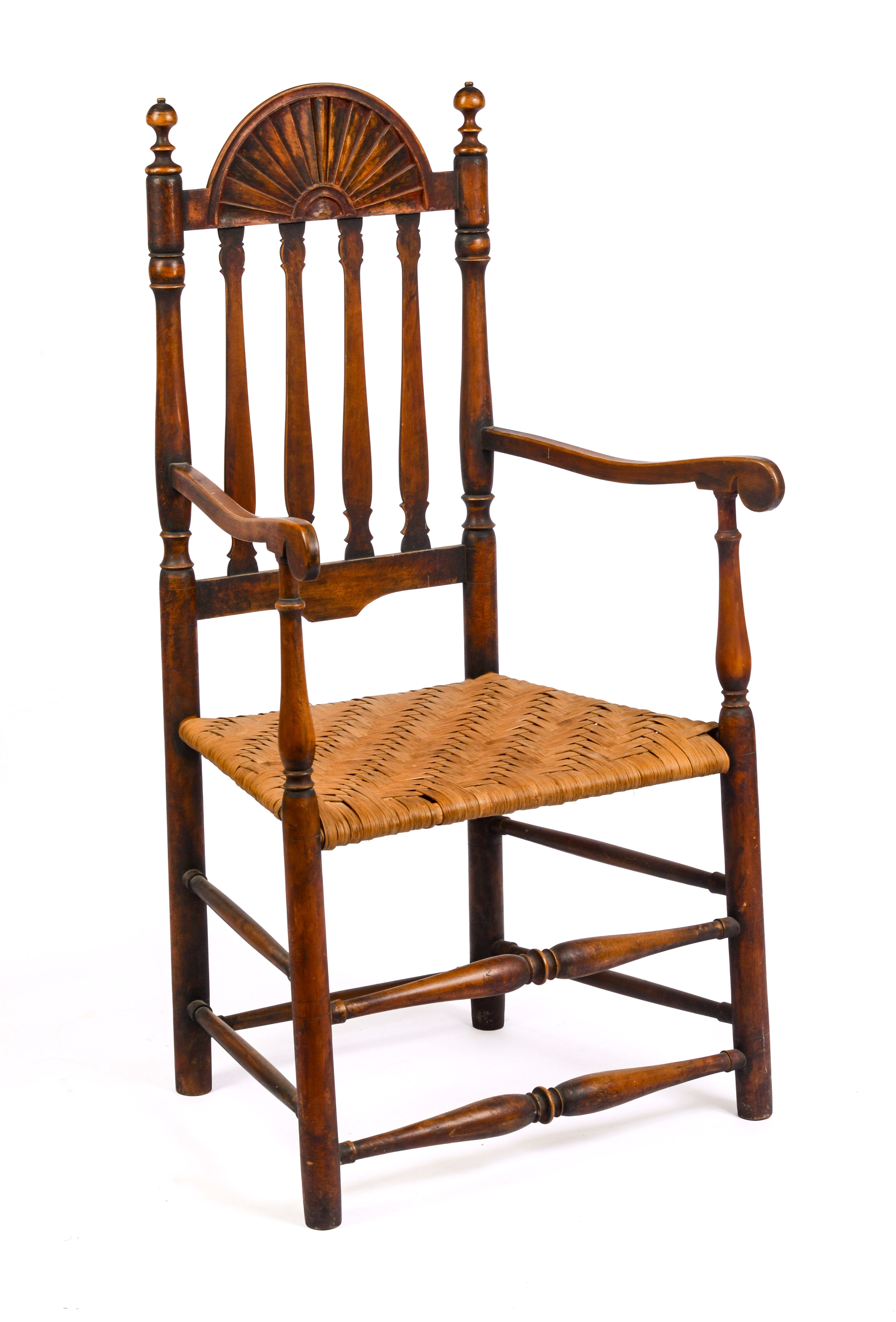 18TH CENTURY NEW ENGLAND ARMCHAIR WITH FAN CREST.