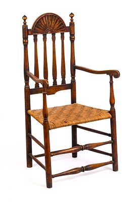 18TH CENTURY NEW ENGLAND ARMCHAIR WITH FAN CREST. Seat height 17 inches, overall height 44.5 