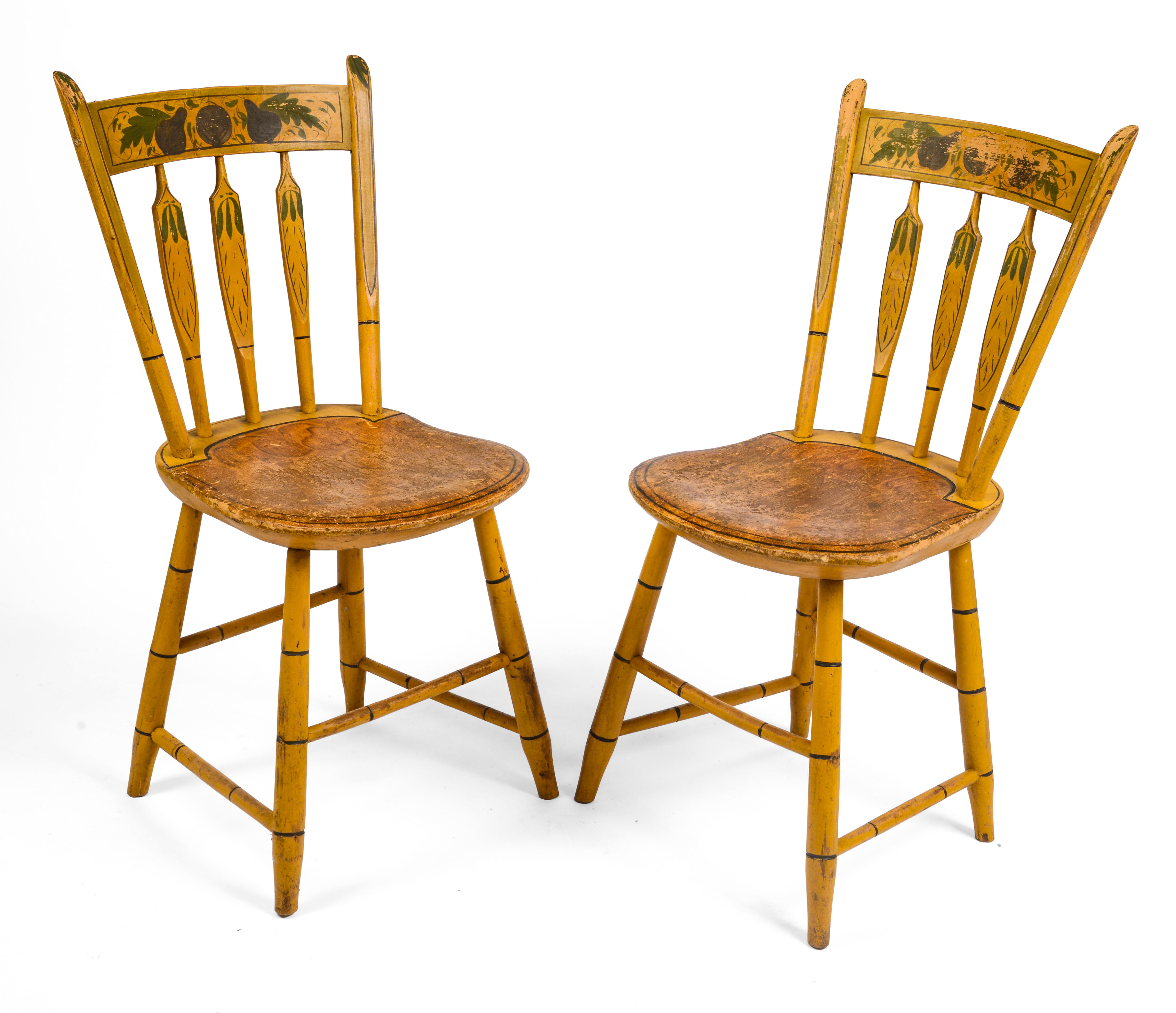 GOOD PAIR YELLOW PAINTED ARROW BACK WINDSOR CHAIRS.