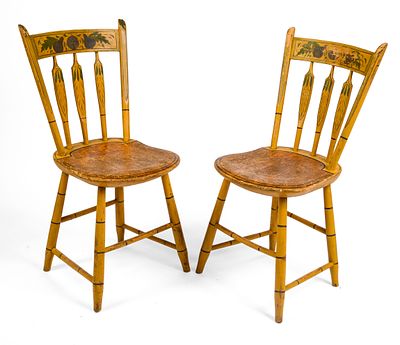 GOOD PAIR YELLOW PAINTED ARROW BACK WINDSOR CHAIRS. Both bearing the brand of maker: "M. 