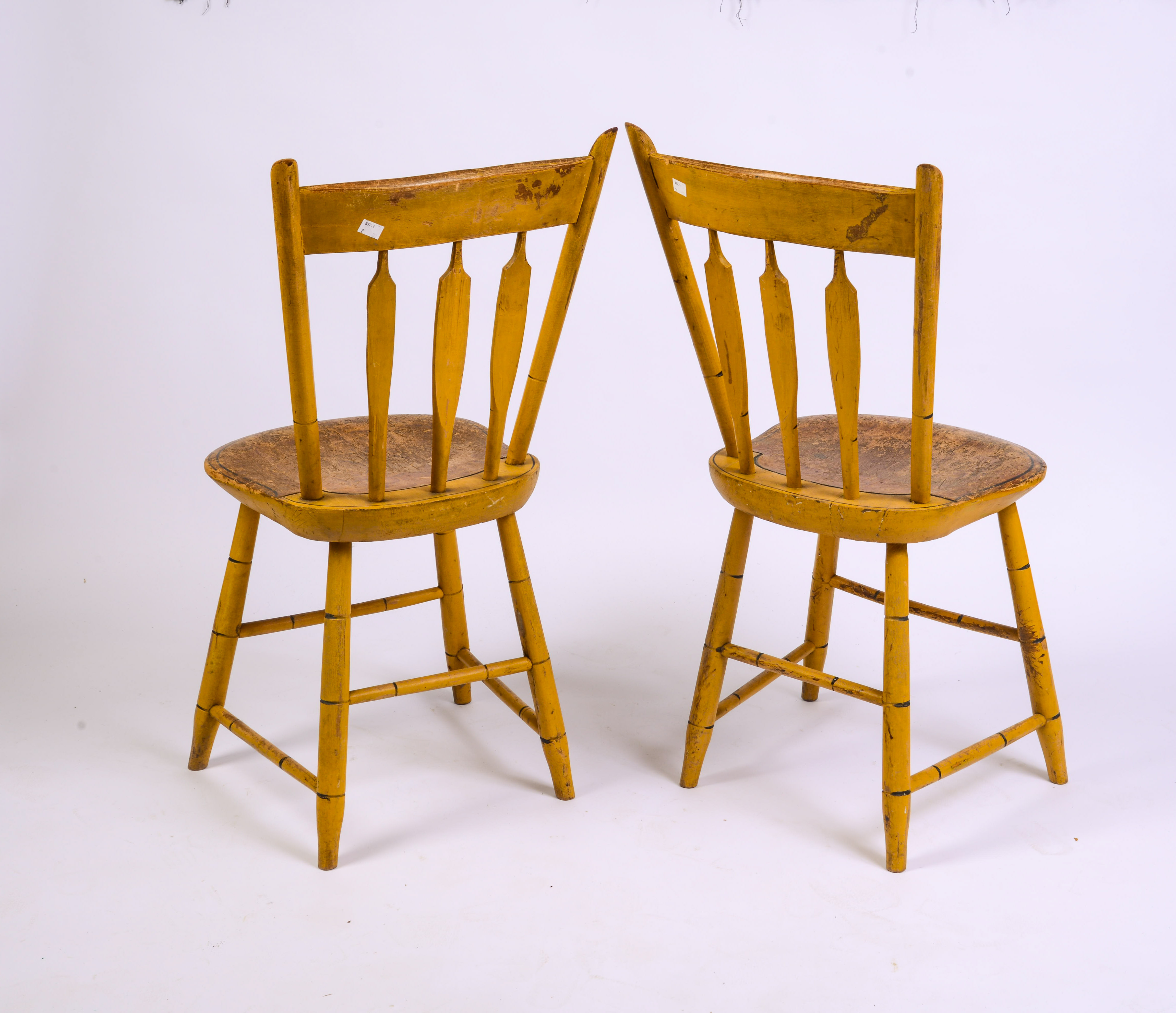 GOOD PAIR YELLOW PAINTED ARROW BACK WINDSOR CHAIRS.