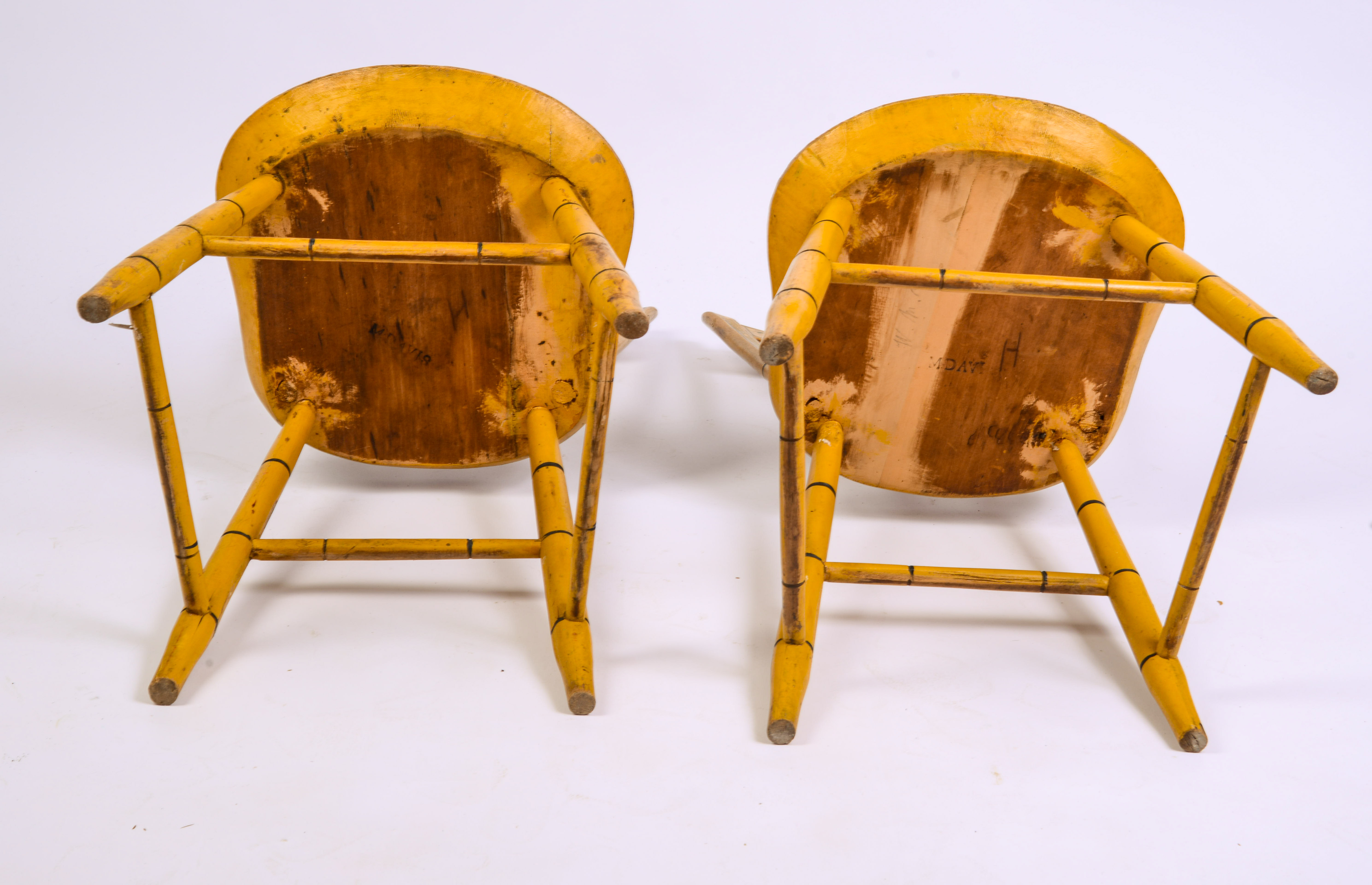 GOOD PAIR YELLOW PAINTED ARROW BACK WINDSOR CHAIRS.
