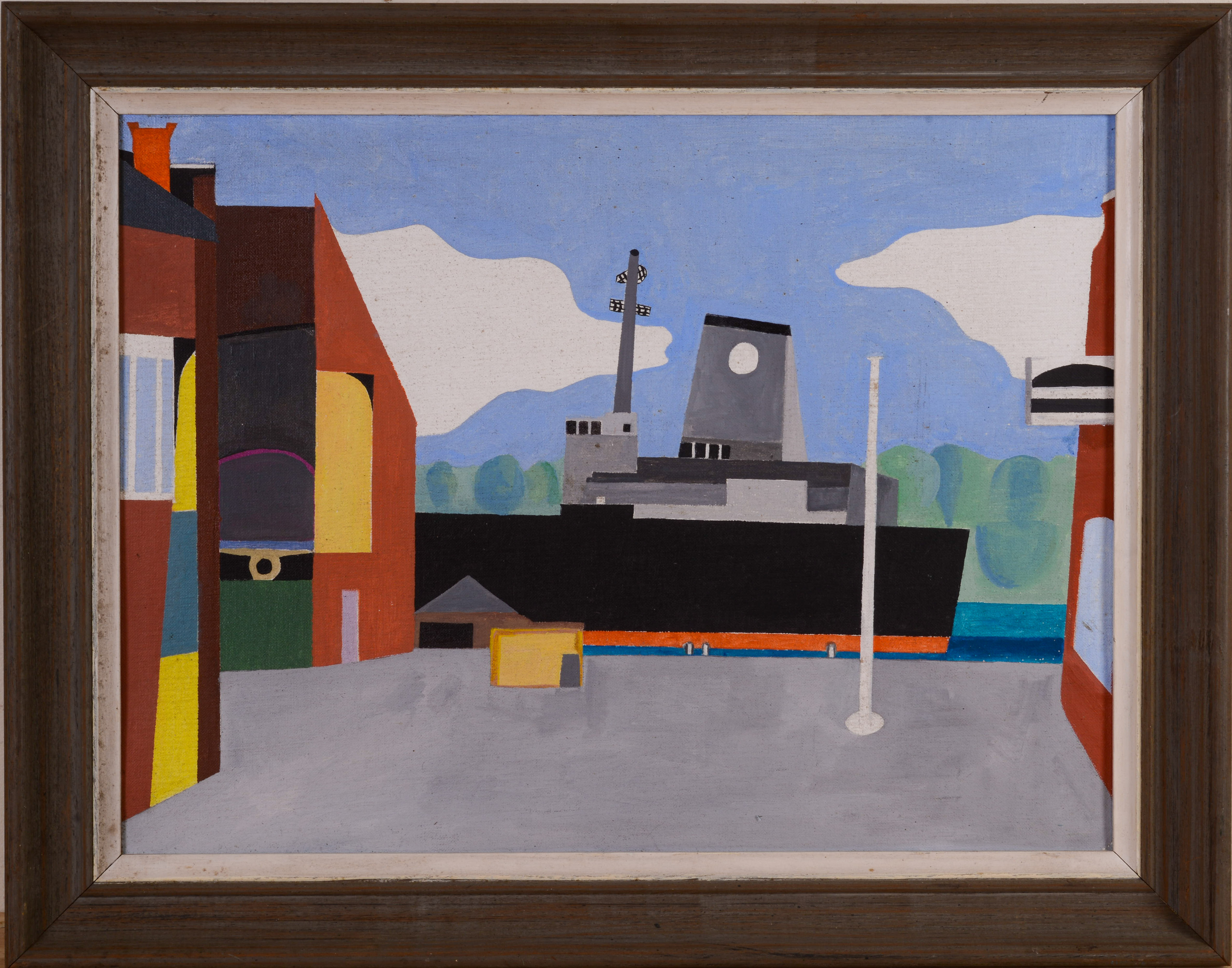 MODERNIST SHIPYARD SCENE.