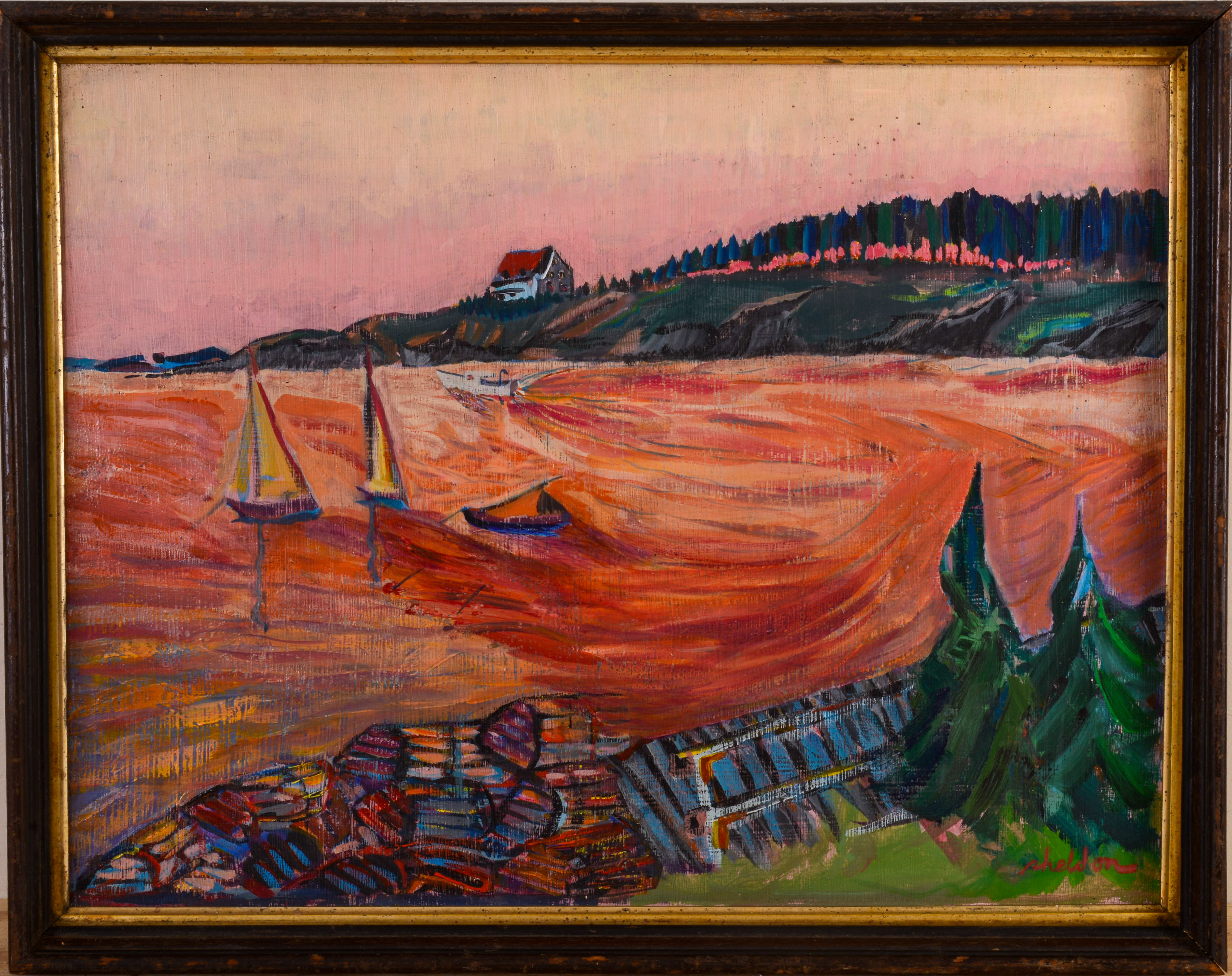 MID CENTURY IMPRESSIONIST MAINE HARBOR SCENE.