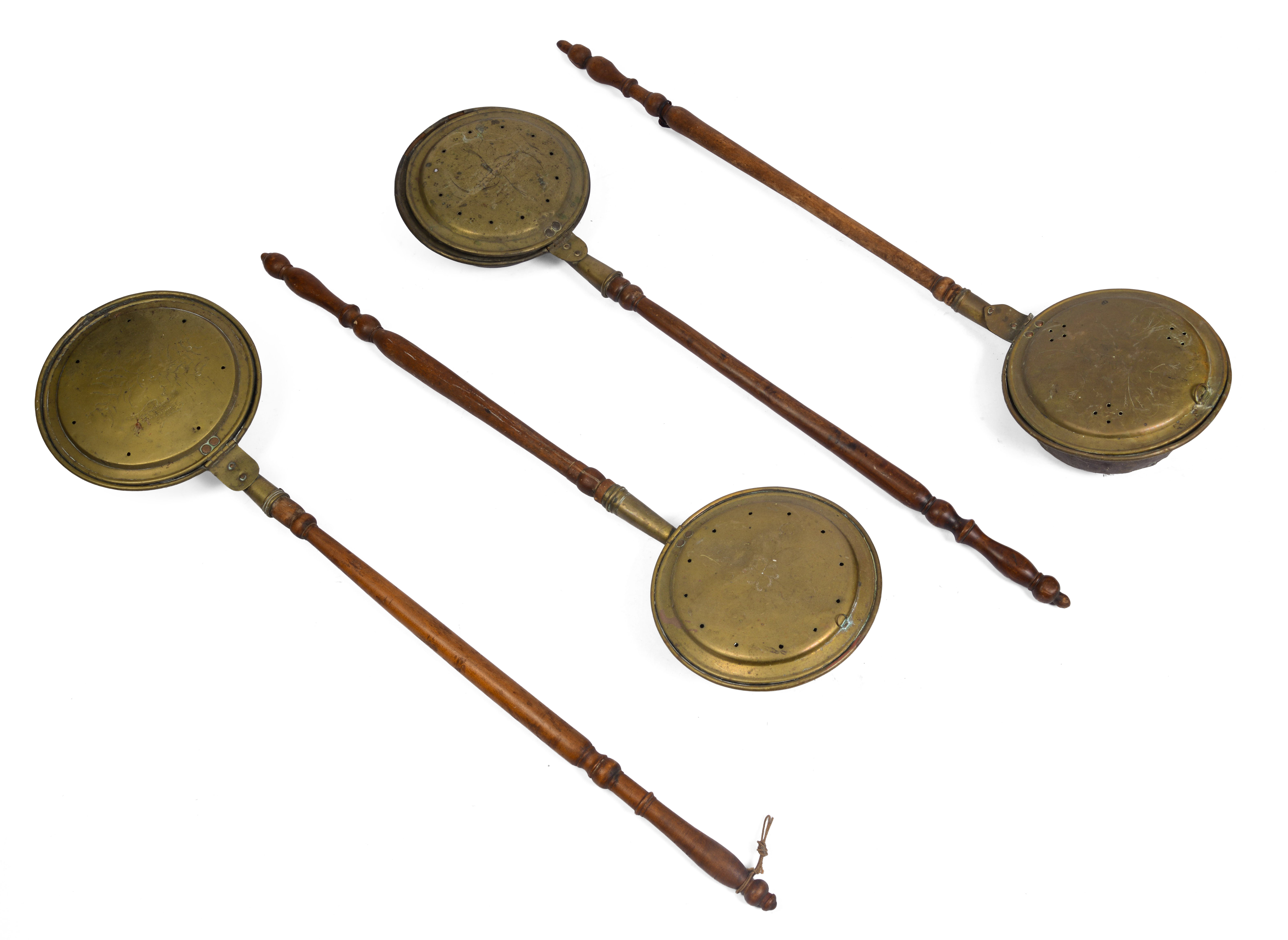 LOT OF FOUR 18TH CENT. BRASS BED WARMERS.